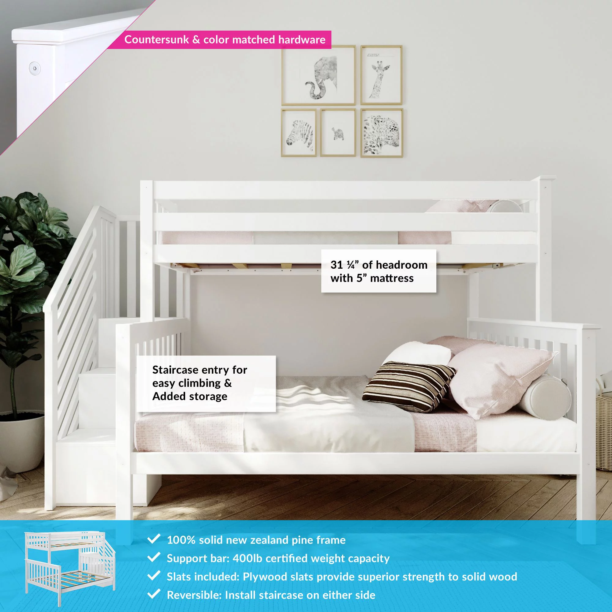 Max & Lily Twin Over Full Bunk Bed Frame For Kids Bedroom Furniture with Staircase, White