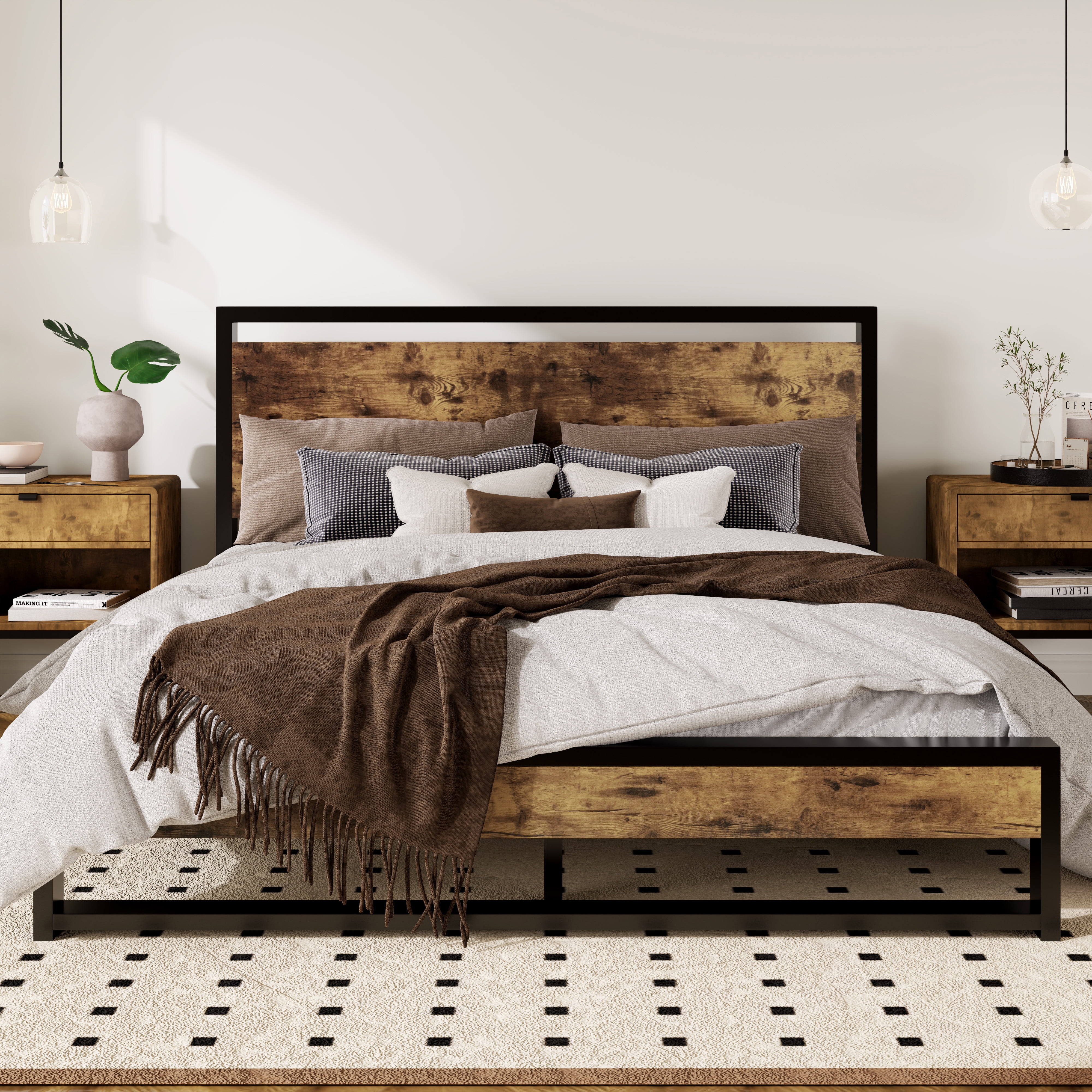 SHA CERLIN Brown Queen Size Industrial Metal Platform Bed Frame with Wooden Headboard & Storage, Adult
