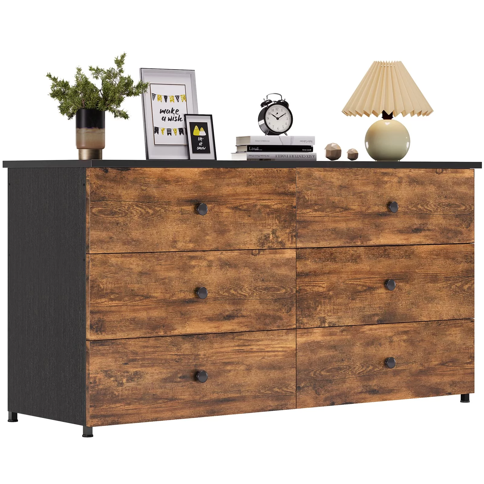 AOGLLATI 6 Drawer Double Dresser, Wooden Chest of Drawers with Heavy Sturdy Steel Frame, Large Capacity Storage Cabinet for Bedroom, Living Room,Brown