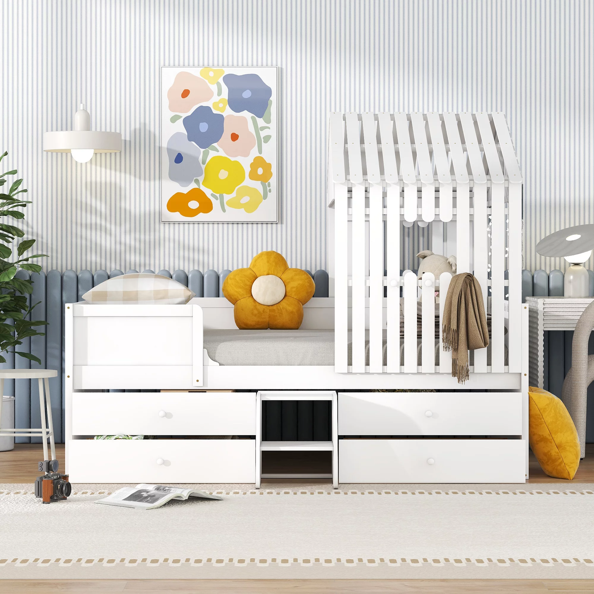 Bellemave Full Size House  Bed with Four Storage Drawers, Solid Wood Platform Bed with Roof and Steps, Full House-Shaped Playhouse Bed Frame for Girls, Boys, Teens, White