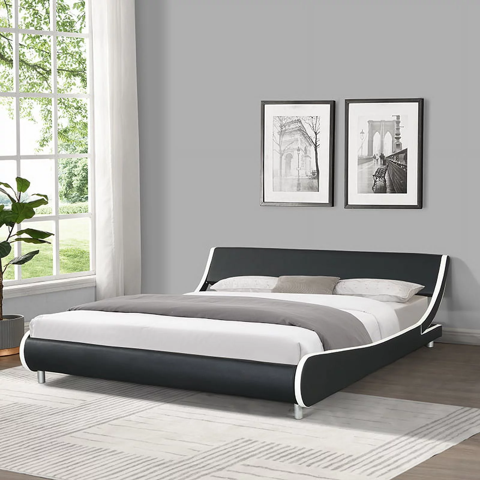 Holaki King Size Faux Leather Upholstered Platform Bed Frame, Curve Design, Wood Slat Support, No Box Spring Needed, Black and White