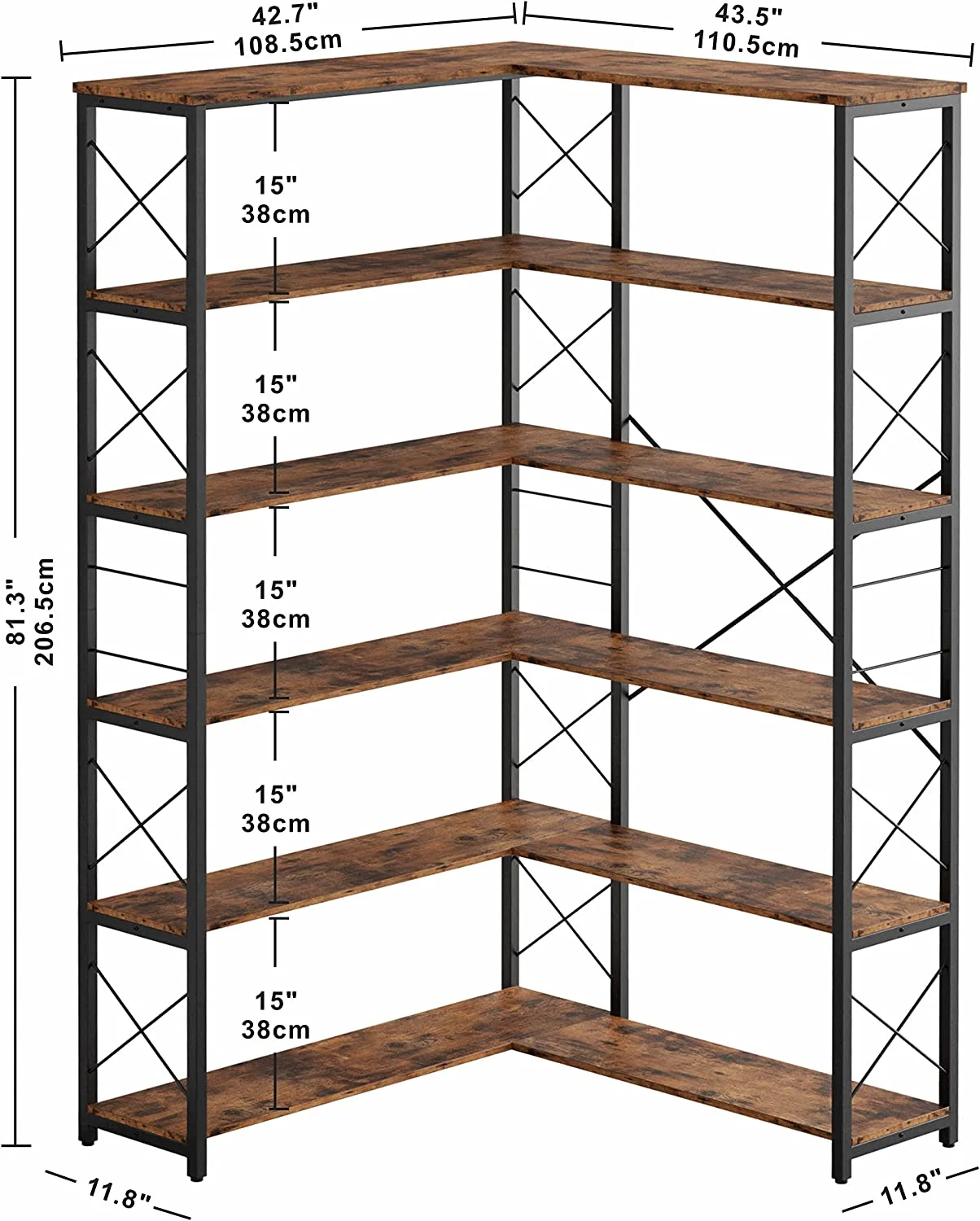 IRONCK 6-Shelf Corner Bookcase, Vintage Industrial Corner Bookshelf Etagere Bookcase, 6 Tier Corner Shelf Storage Rack with Metal Frame for Living Room