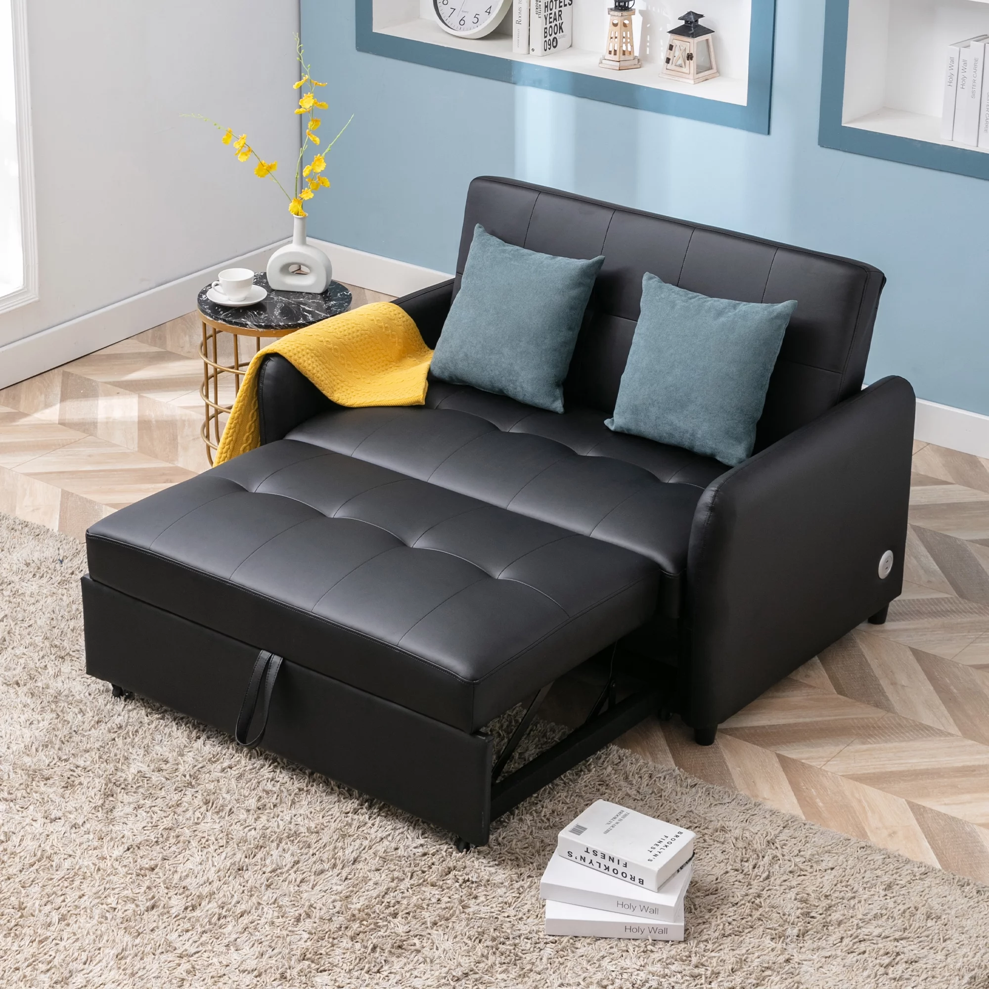 PU Leather Sofa Set Convertible Sleeper Sofa Bed with USB Ports Loveseat Couch Detachable Armrest for Living Room Small Spaces,Without Pillows