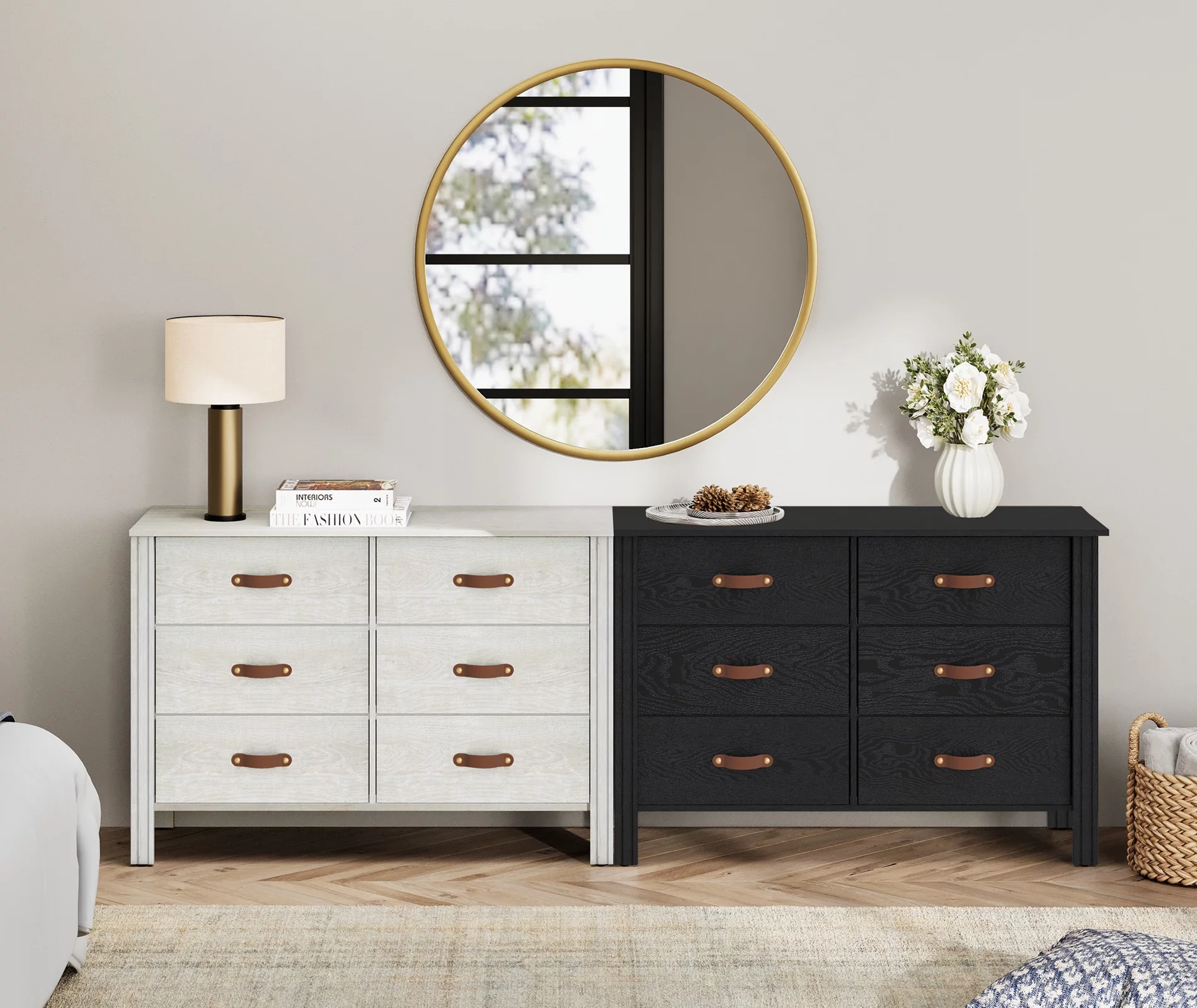 2 PCS Dresser for Bedroom, Large Wooden Dresser with 12 Drawers, Storage Cabinet for Living Room, Black & White