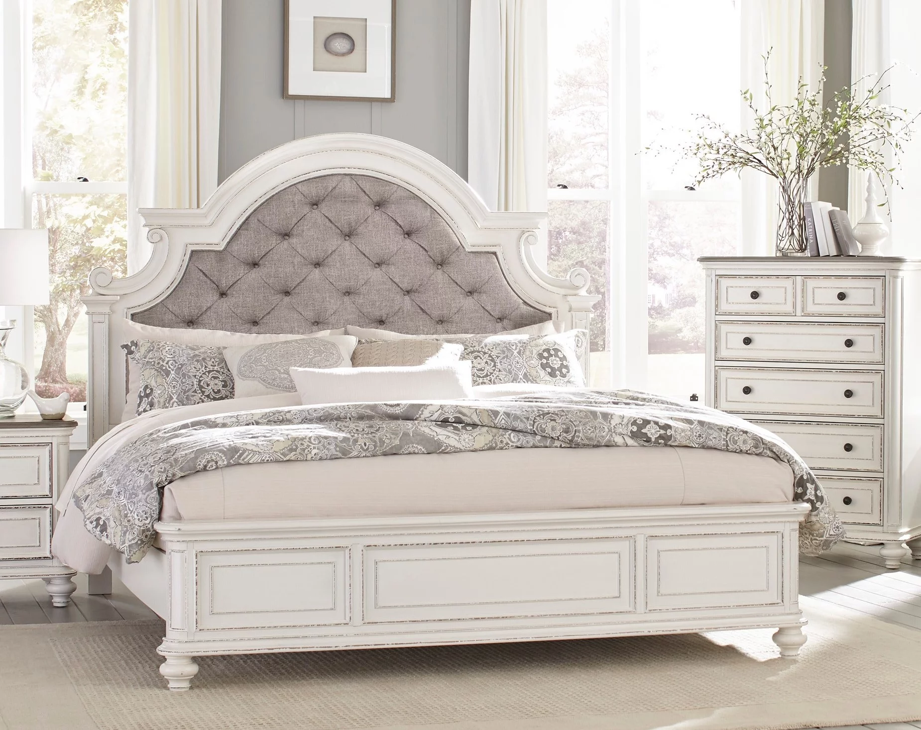 Beautiful White Finish Queen Size Bed 1pc Button-Tufted Headboard Wooden Bedroom Furniture