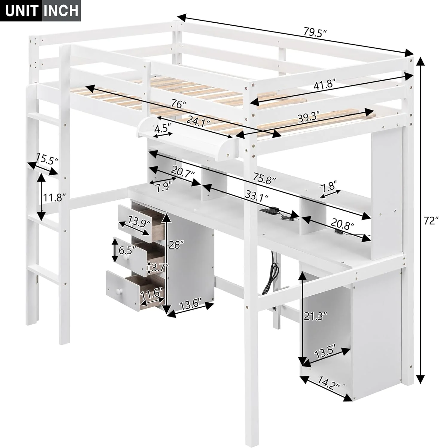 Size Loft Bed With Desk, LED Light And Bedside Tray, Charging Station, Wood Loft Bed Frame With Storage Drawers And Bookcase, White