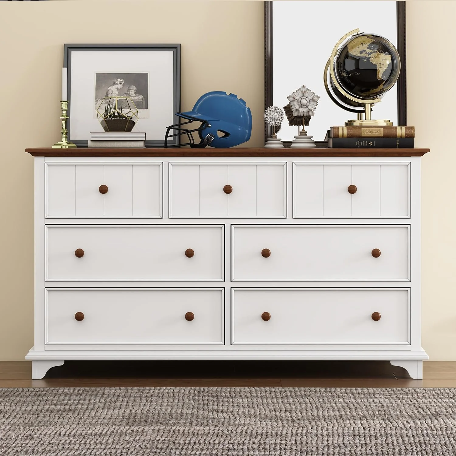 7 Drawer Dresser, Wooden Captain Dresser For Bedroom,Dresser Organizer Chest Of Drawers For Nursery,Baby,Kids Bedroom,Storage Drawer Cabinet For Home Office,White+Walnut