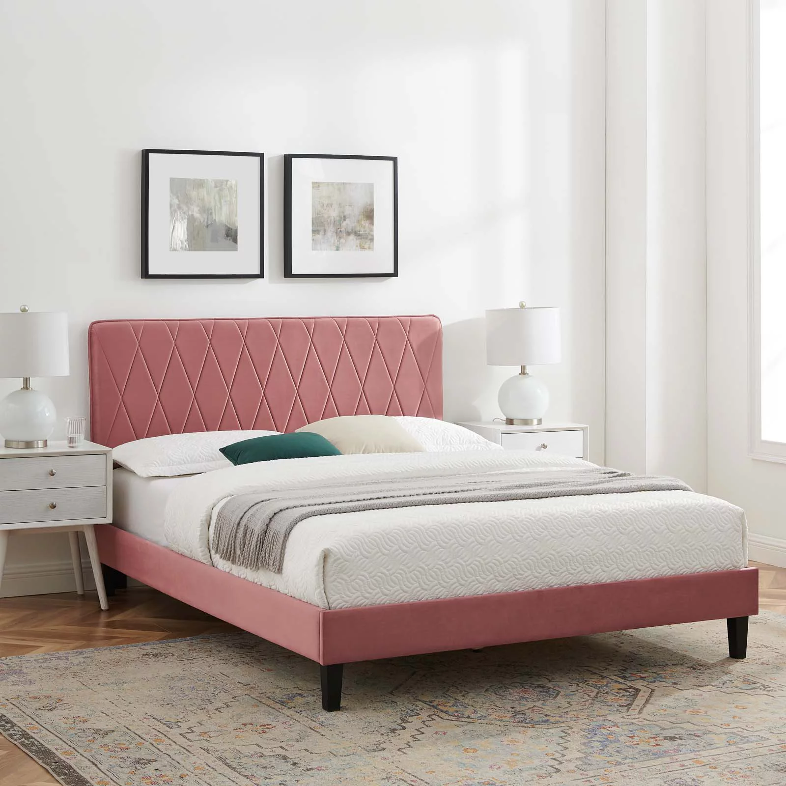Platform Bed Frame, Queen Size, Velvet, Pink, Modern Contemporary Urban Design, Bedroom Master Guest Suite