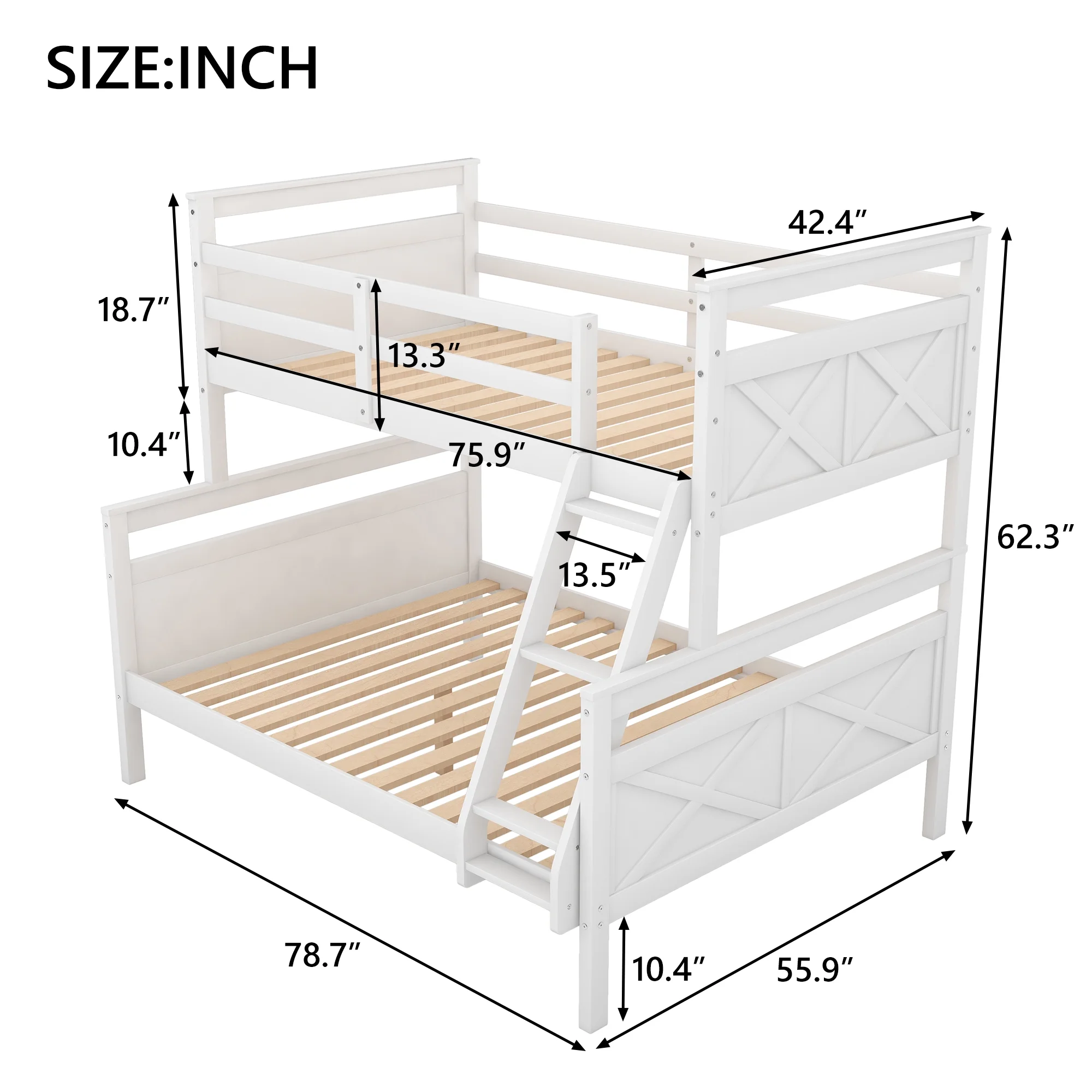 Euroco Twin over Full Wood Bunk Bed with Ladder for Kid's Room, Solid Bunk Bed for Kids Teens Adults, White