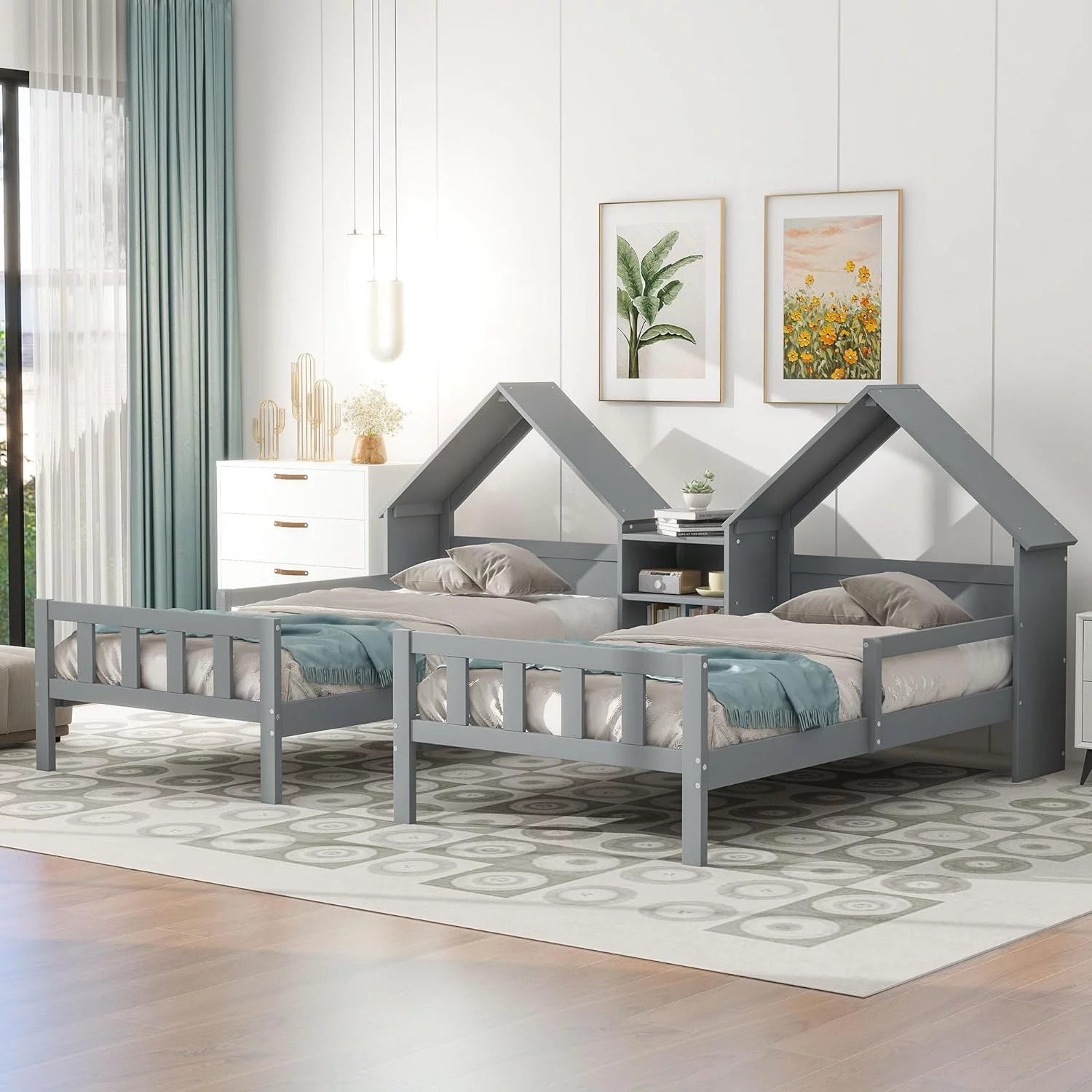 Double Size Platform Bed With House-Shaped Headboard Ad A Built-I ightstad, Grey