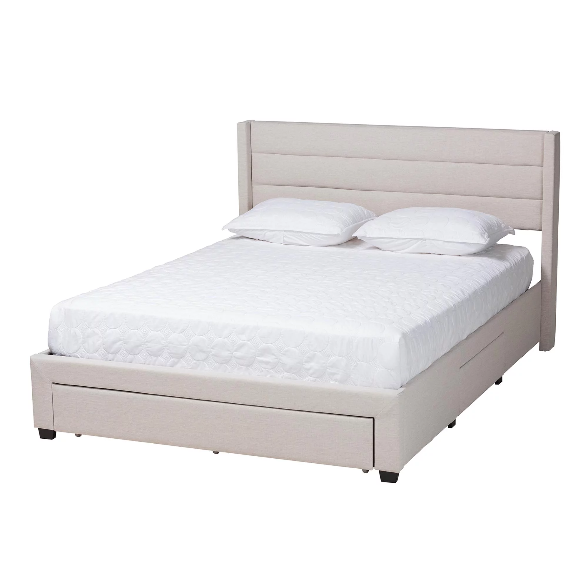 Baxton Studio Braylon Mid-Century Modern Transitional Beige Fabric and Dark Brown Finished Wood Full Size 3-Drawer Storage Platform Bed