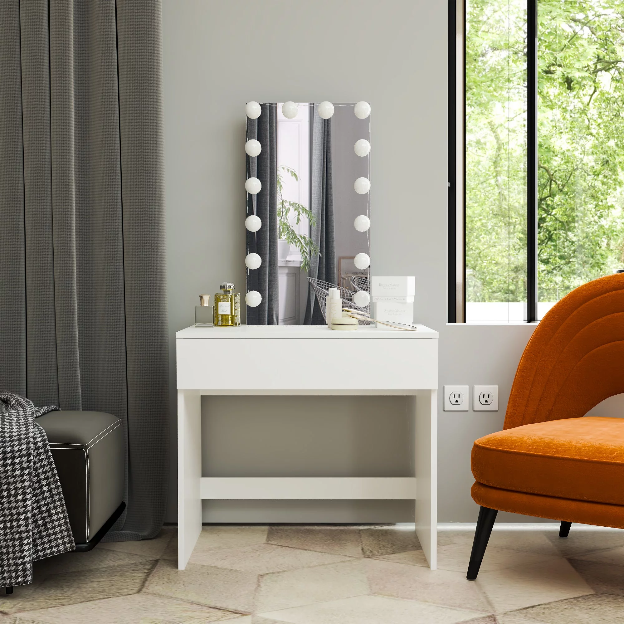 Boahaus Ariadne Modern Vanity Table, Light Bulbs, White, for Bedroom