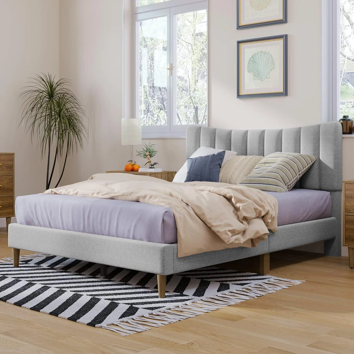 Queen Size Platform Bed Upholstered Platform Beds With Vertical Channel Tufted Headboard, Queen Bed Frame For Bed Room, No Box Spring Needed (Grey)