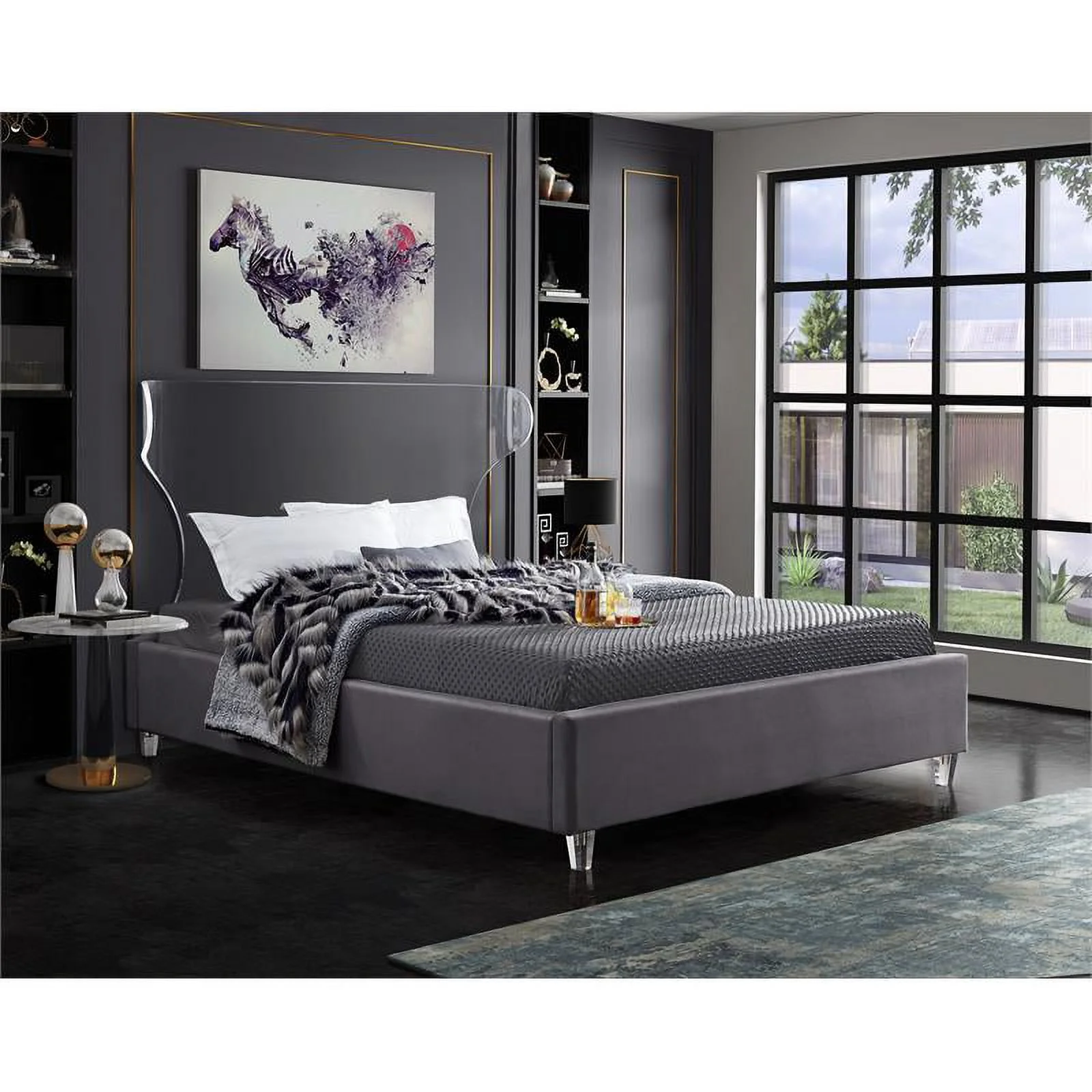 Maklaine Modern Fabric 50''H x 59.5''W x 81''D Gray Velvet Full Bed