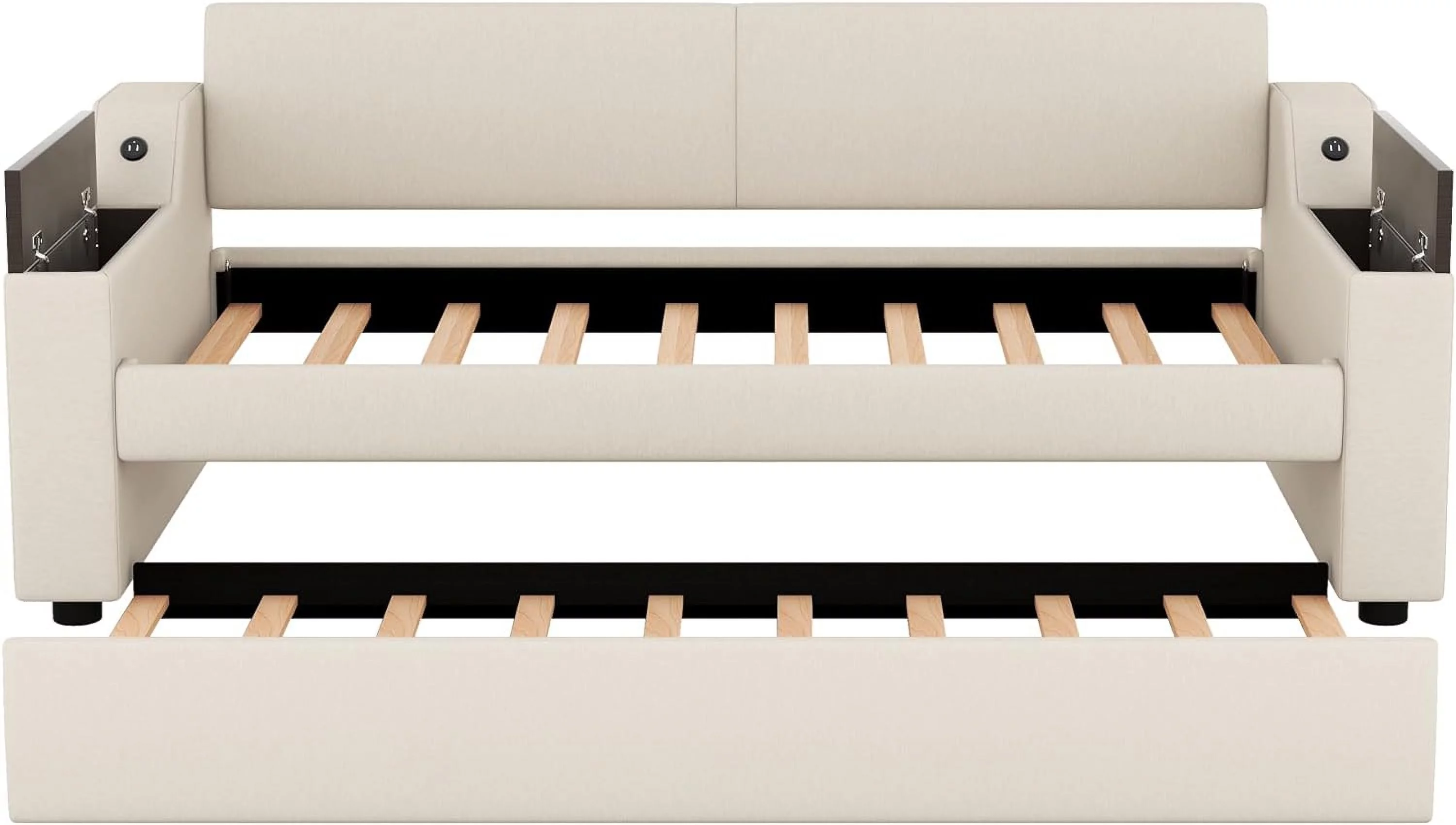 Twin Size Upholstery Daybed with Sturdy Construction Storage Arms, Trundle and USB Design