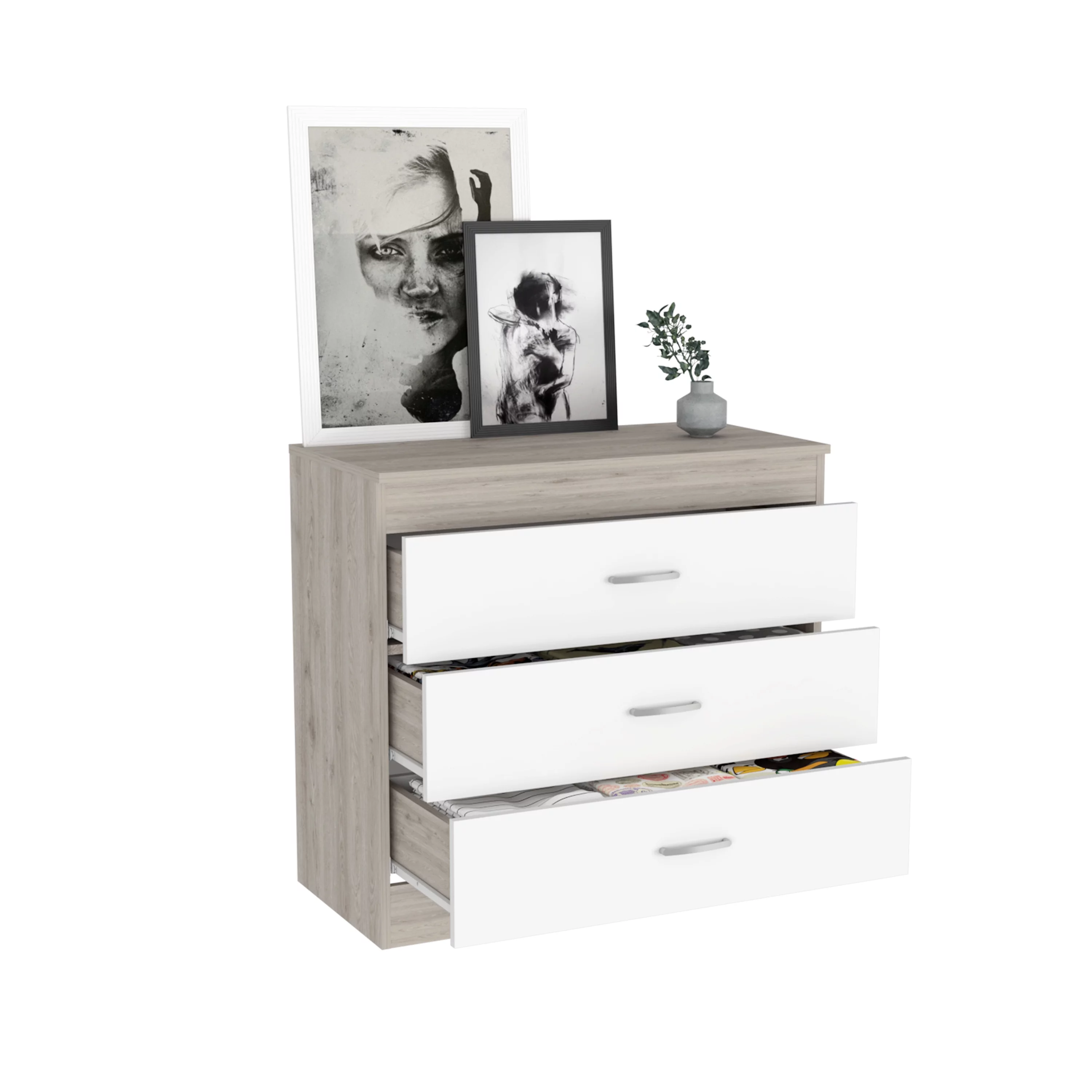 CoSoTower Three Drawer Dresser Lial, Superior Top, Metal Hardware, Light Gray / White Finish