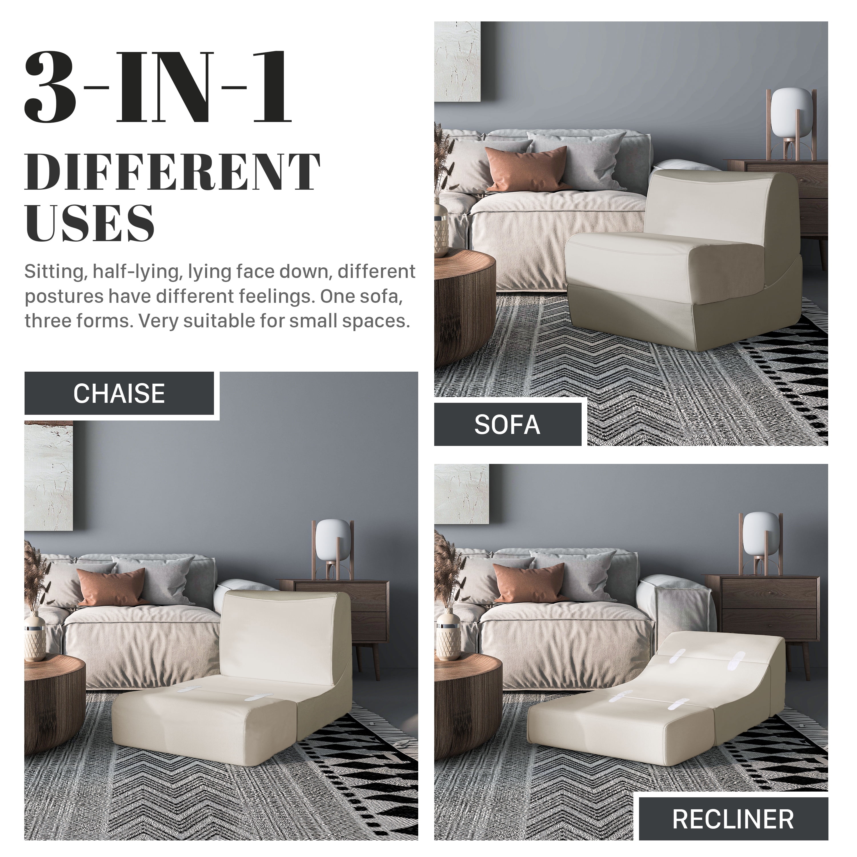 Rounuo Folding Sofa Bed Couch 3 in 1 Convertible Sleeper Sofa Bed with Storage Sofa Futon Chair Bed Adjustable Recliner Sofa Bed Single Sleeper Sofa Foldable Floor Mattress Washable Cover Off-white