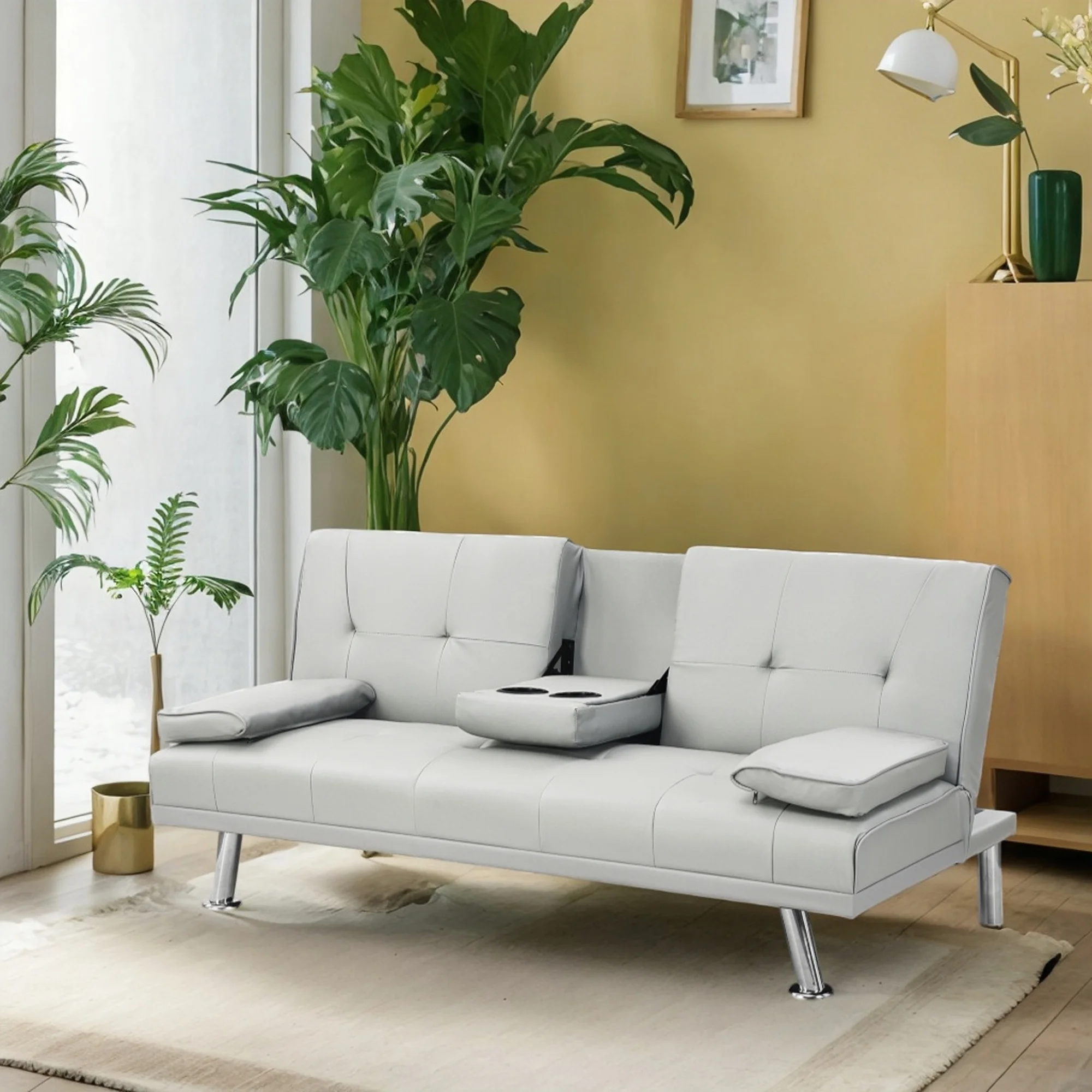 67-Inch PU Multifunctional Double Folding Sofa Bed with Coffee Table Premium Leather, Sturdy Construction, and Easy Assembly (White)