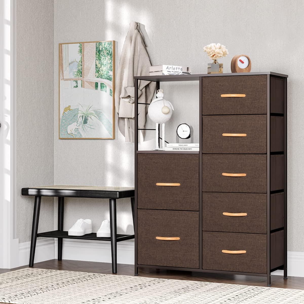 GEROBOOM Fabric Dresser  Organizer  7 Drawers Dresser with Shelves   Dresser Fabric  Closets  Units Tower Steel Frame Wooden Top for Bedroom  Hallway  Nursery  Entryway