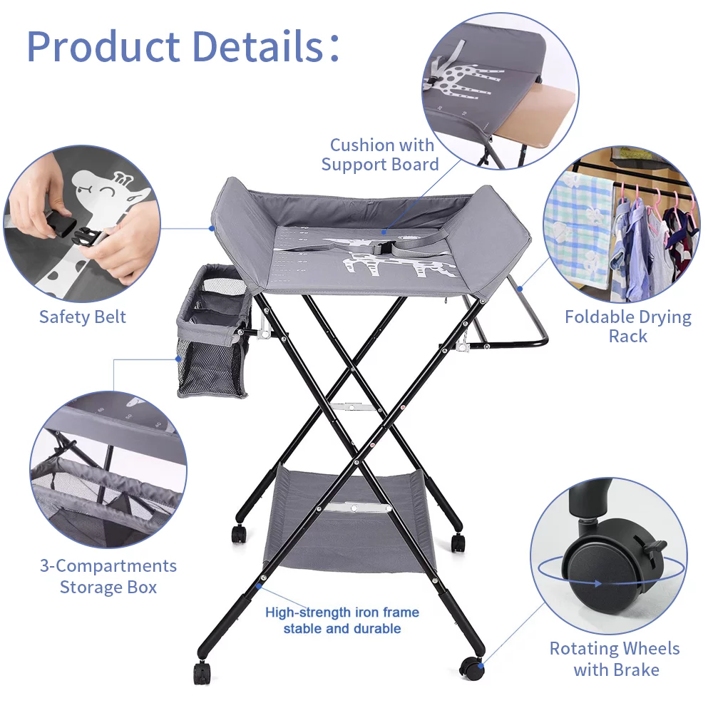 Baby Changing Table, Portable Folding Diaper Changing Station with Wheels, Adjustable Height Mobile Nursery Organizer, Large Storage Racks for Newborn Baby & Infant
