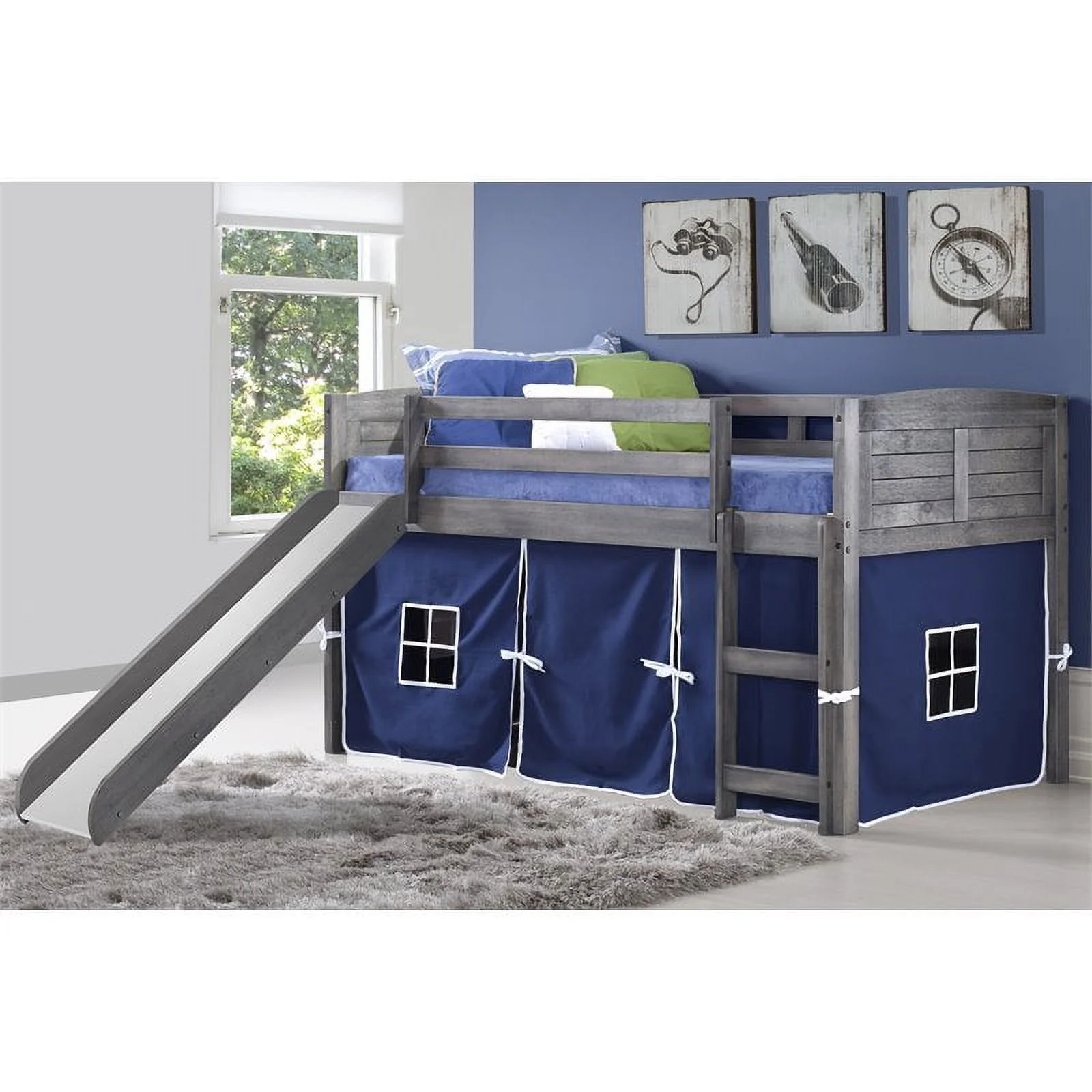Roseberry Kids Solid Wood Low Slide Twin Loft Bed with Tent in Gray/Blue