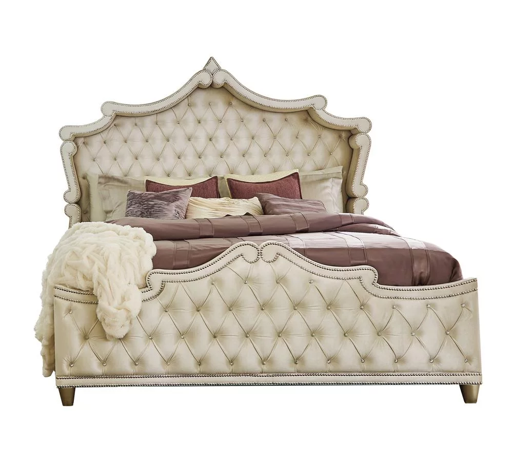 Antonella 4-Piece California King Upholstered Tufted Bedroom Set Ivory and Camel