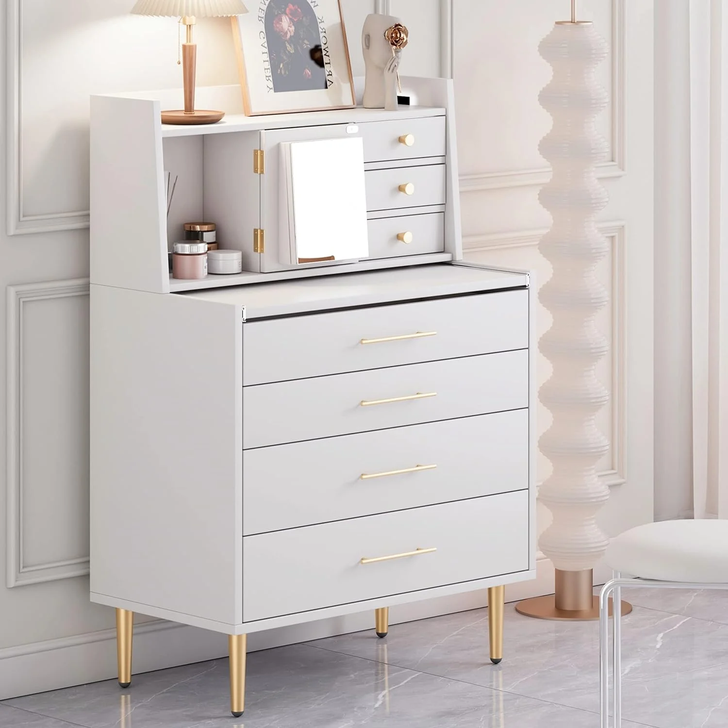 7 Drawer Dresser White Tall Chest Of Drawers For Bedroom, Vanity Desk With Mirror And Retractable Table For Makeup Room, Dressing Table With Storage, White