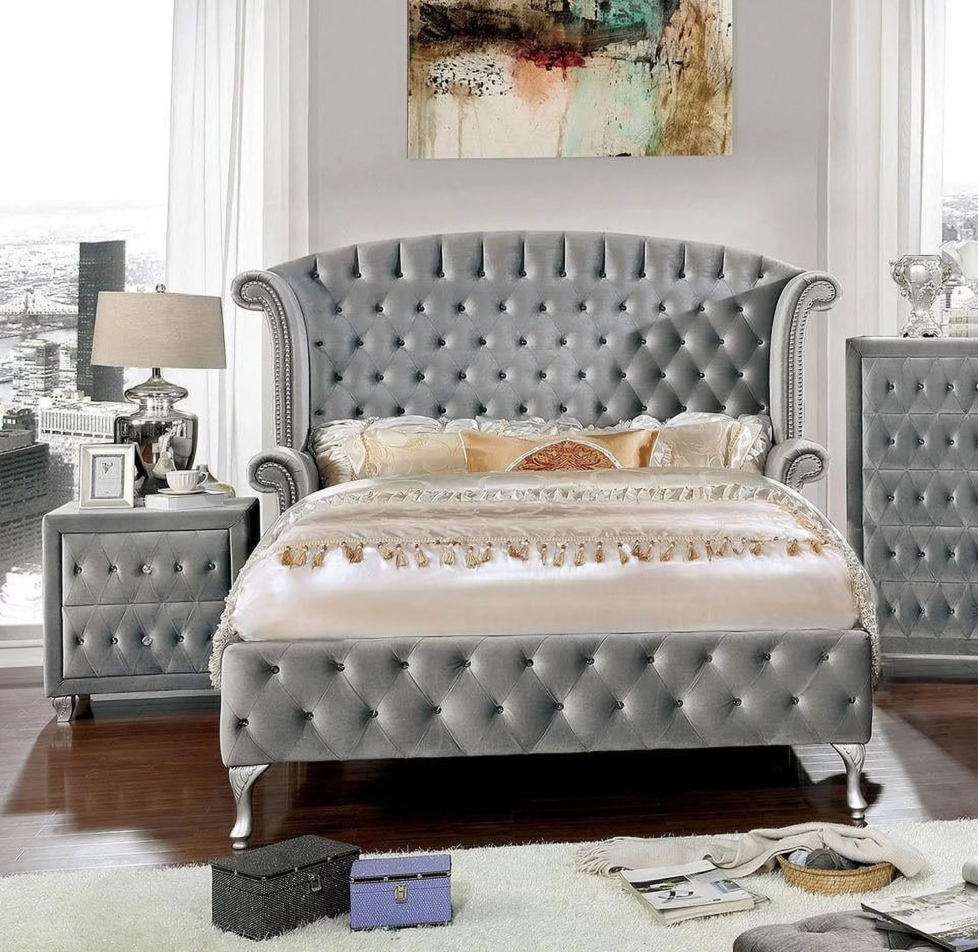 Glam Gray Solid Wood Queen Bedroom Set 3pcs FOA CM7150 Alzir