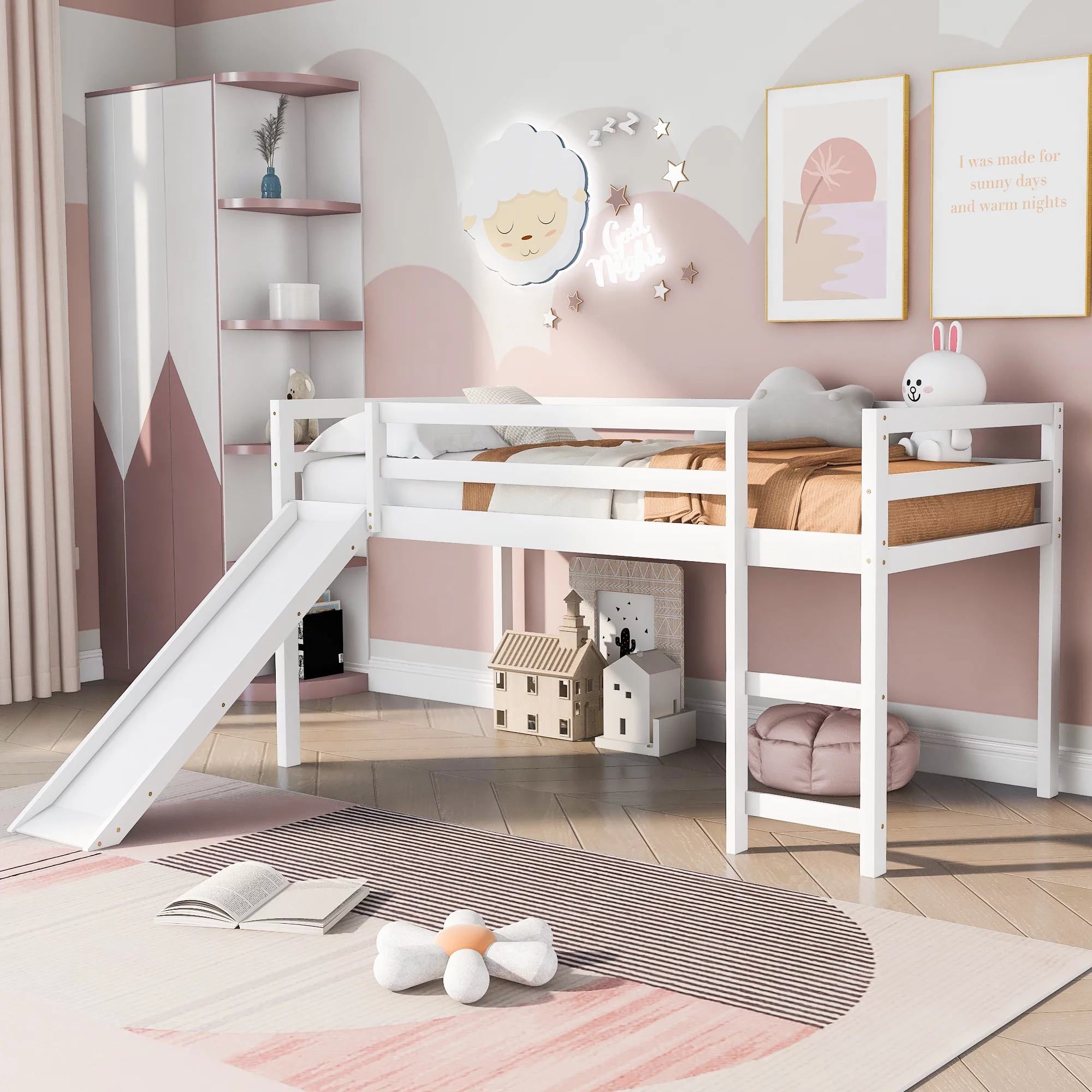 ikayaa white Loft Bed with Slide, Multifunctional Design