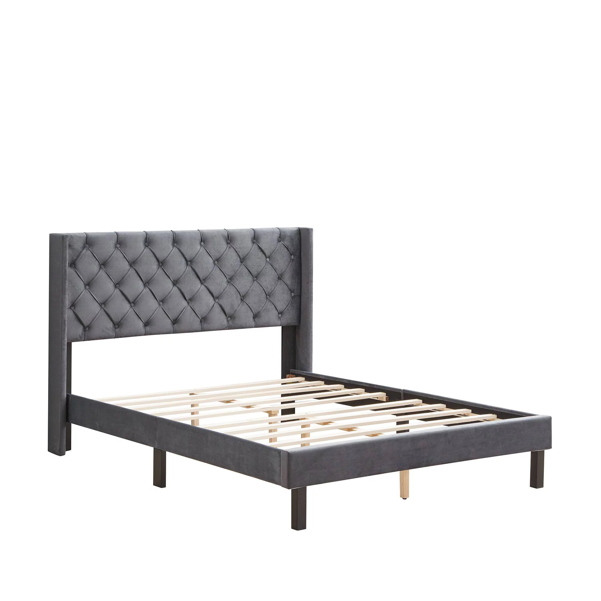 Velvet Button Tufted-Upholstered Bed with Wings Design-Strong Wood Slat Support