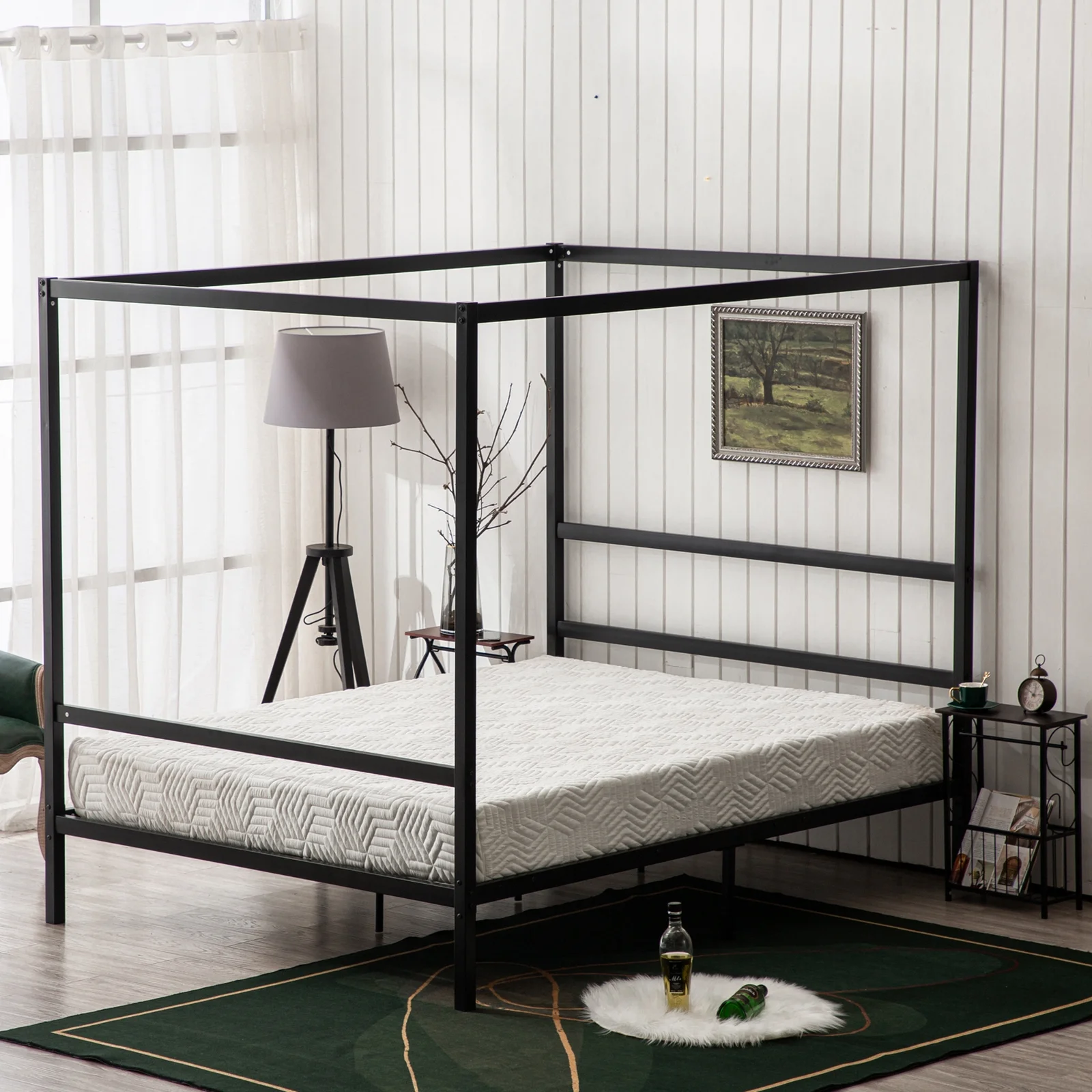 RUXAN Square Tube Mosquito Net Bed Three Horizontal Bed Head Single Horizontal Bed Tail King Black Iron Bed