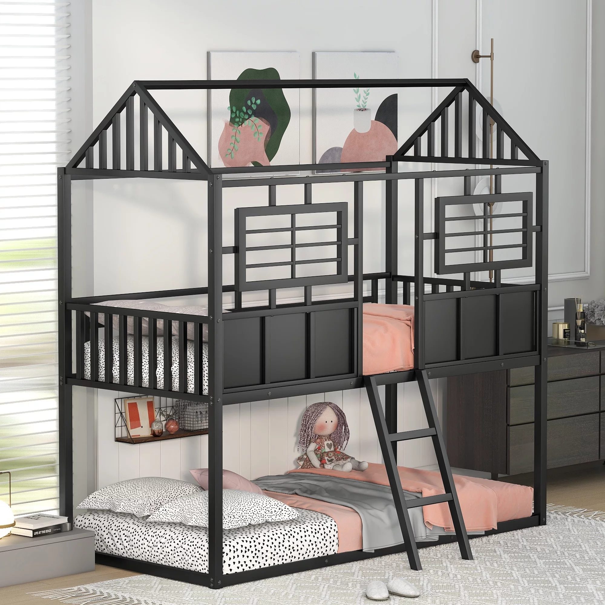 Metal Twin Bunk Bed with House-Shaped Roof and Window for Kids, Black