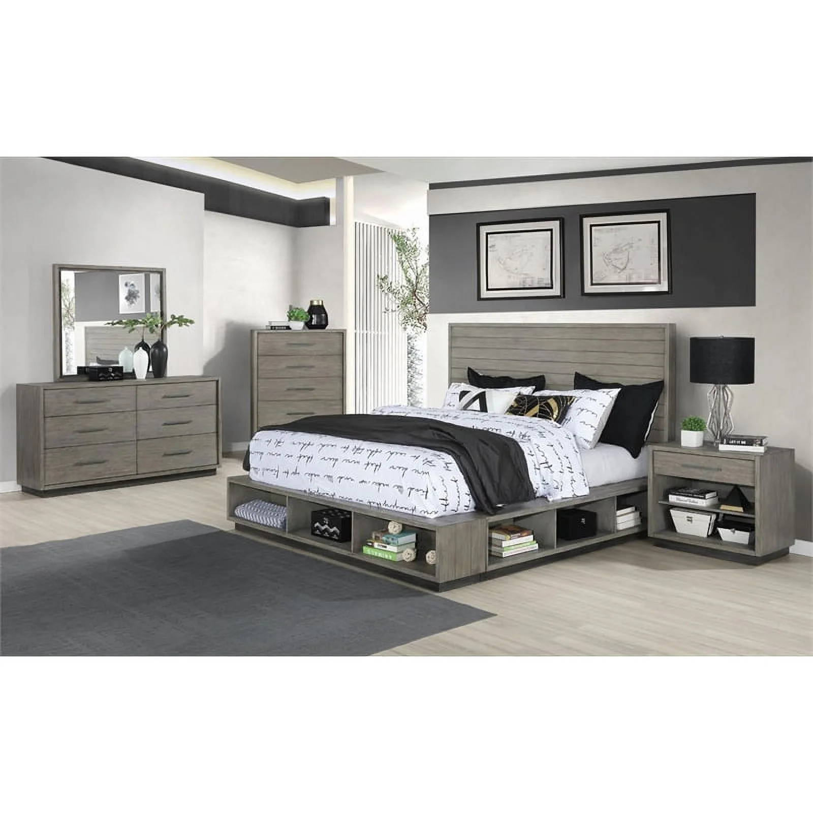 Maklaine Farmhouse Wood Queen Storage Bed in Gray Oak Finish