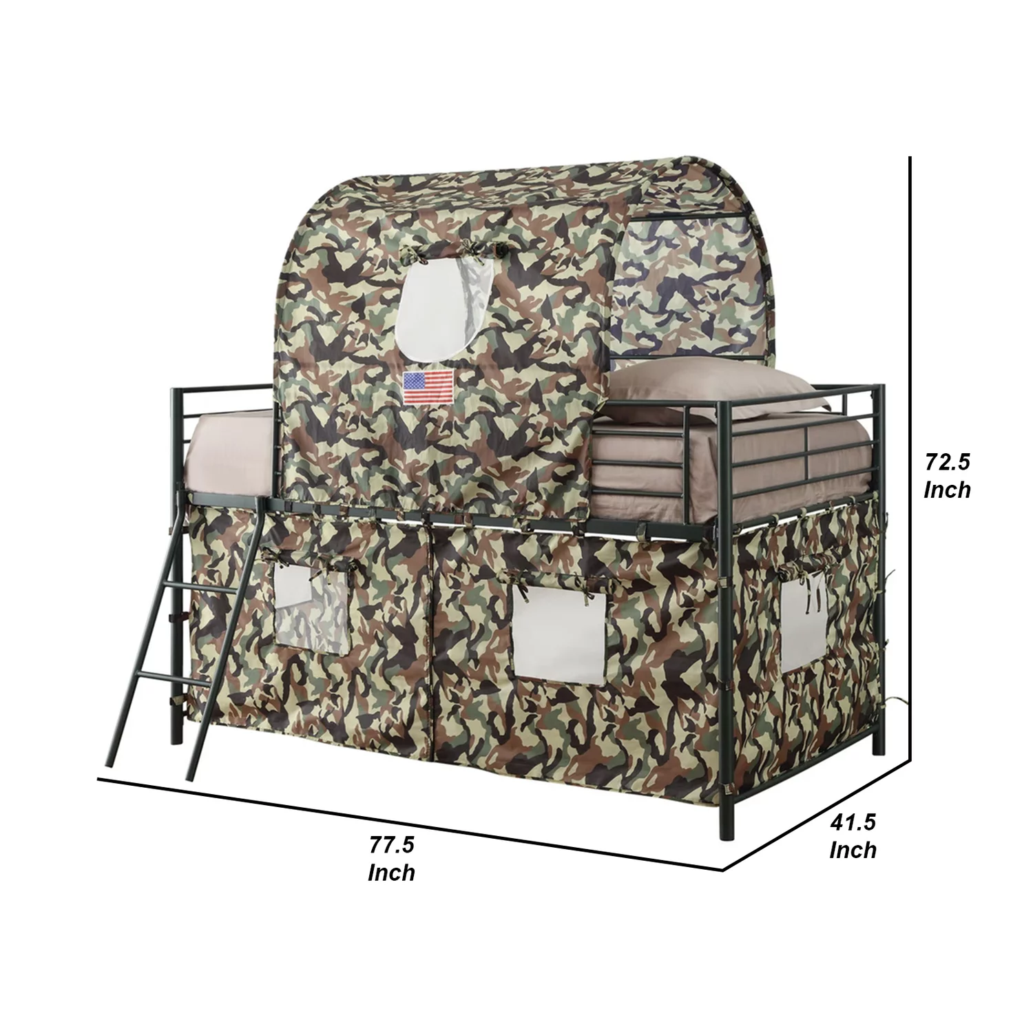 Benzara Camouflage Metal & Fabric Tent Loft Bed, Multicolor