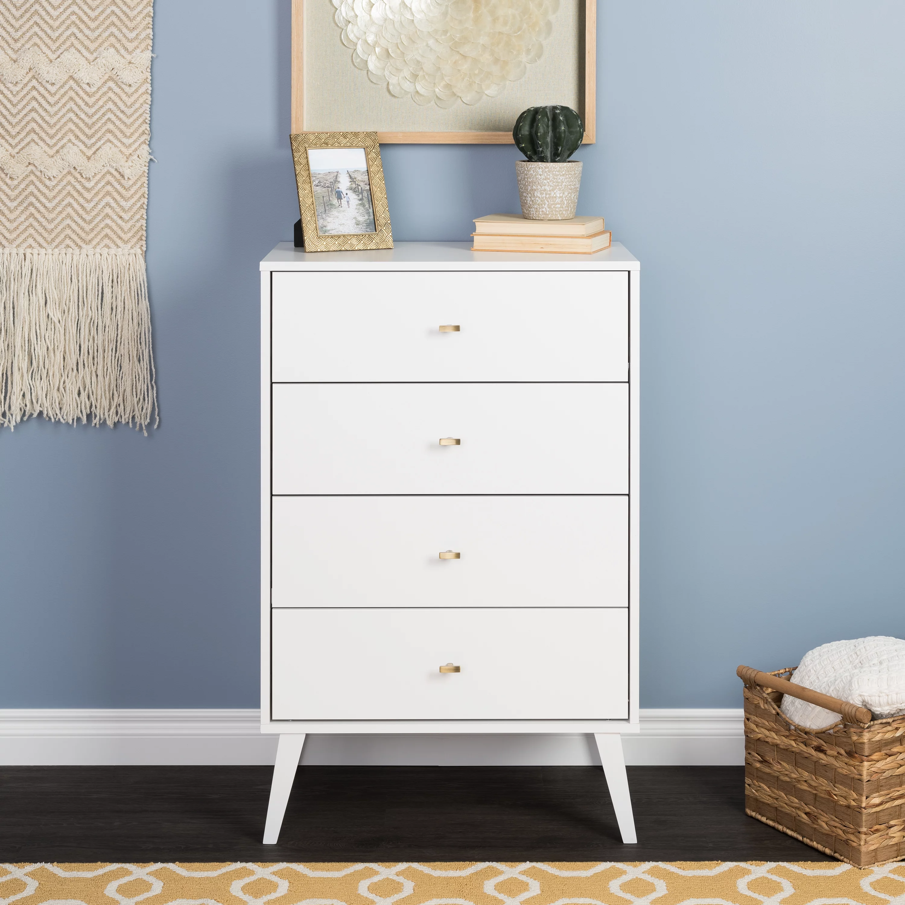 Prepac Milo Mid Century Modern 4-Drawer Vertical Chest, White