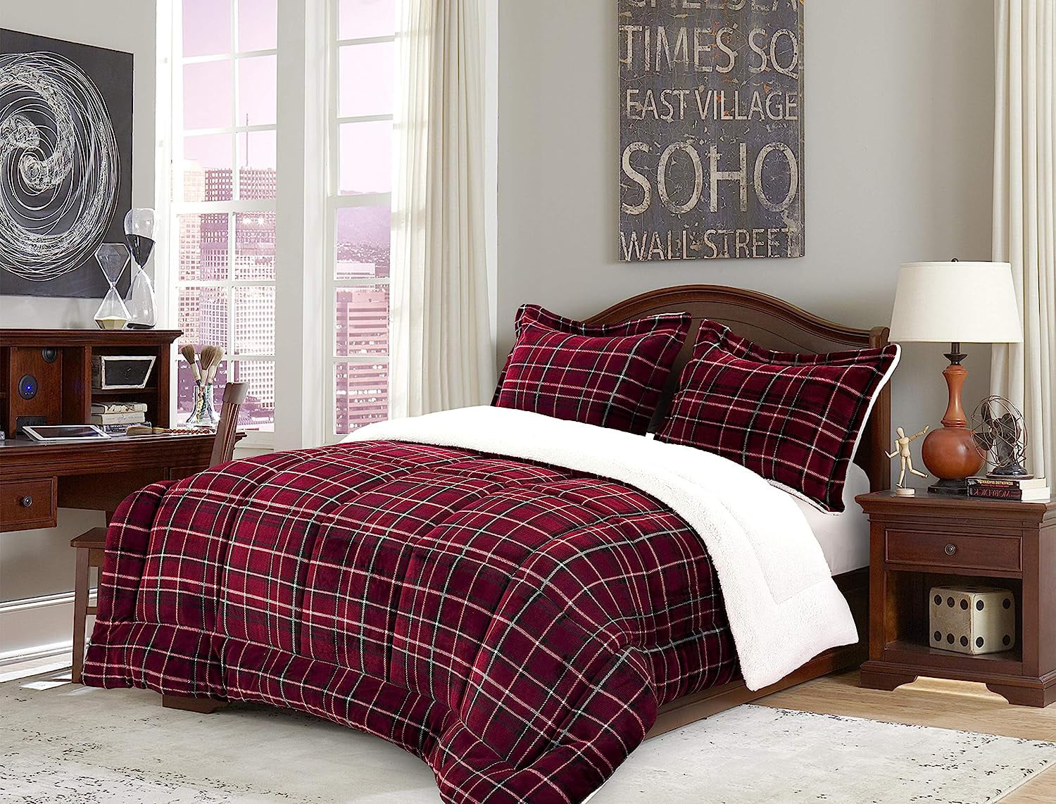 Mocassi 3-Piece Plaid Pattern Comforter Set - Soft and Plush Micromink Sherpa Backing, Bedding with Matching Shams, King/California King Size, Burgundy