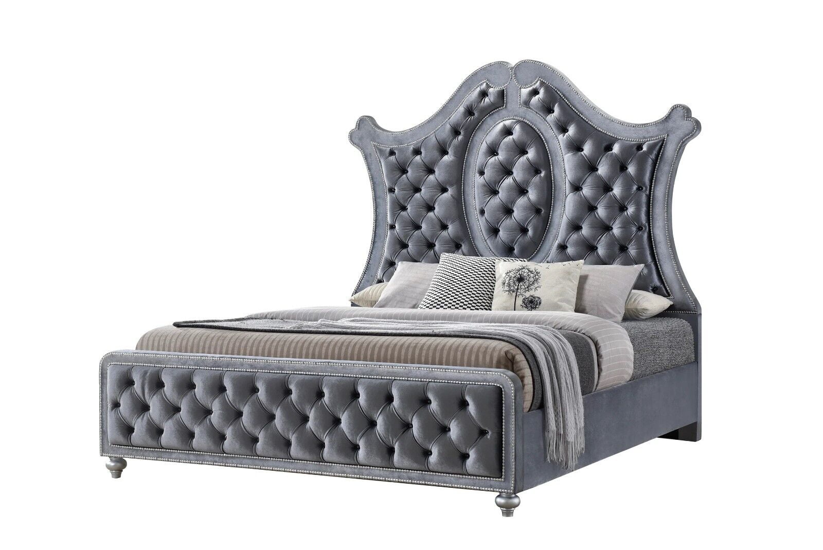 3pc Traditional Upholstered Queen Size Panel Bed Set Arched Headboard Bedroom Furniture