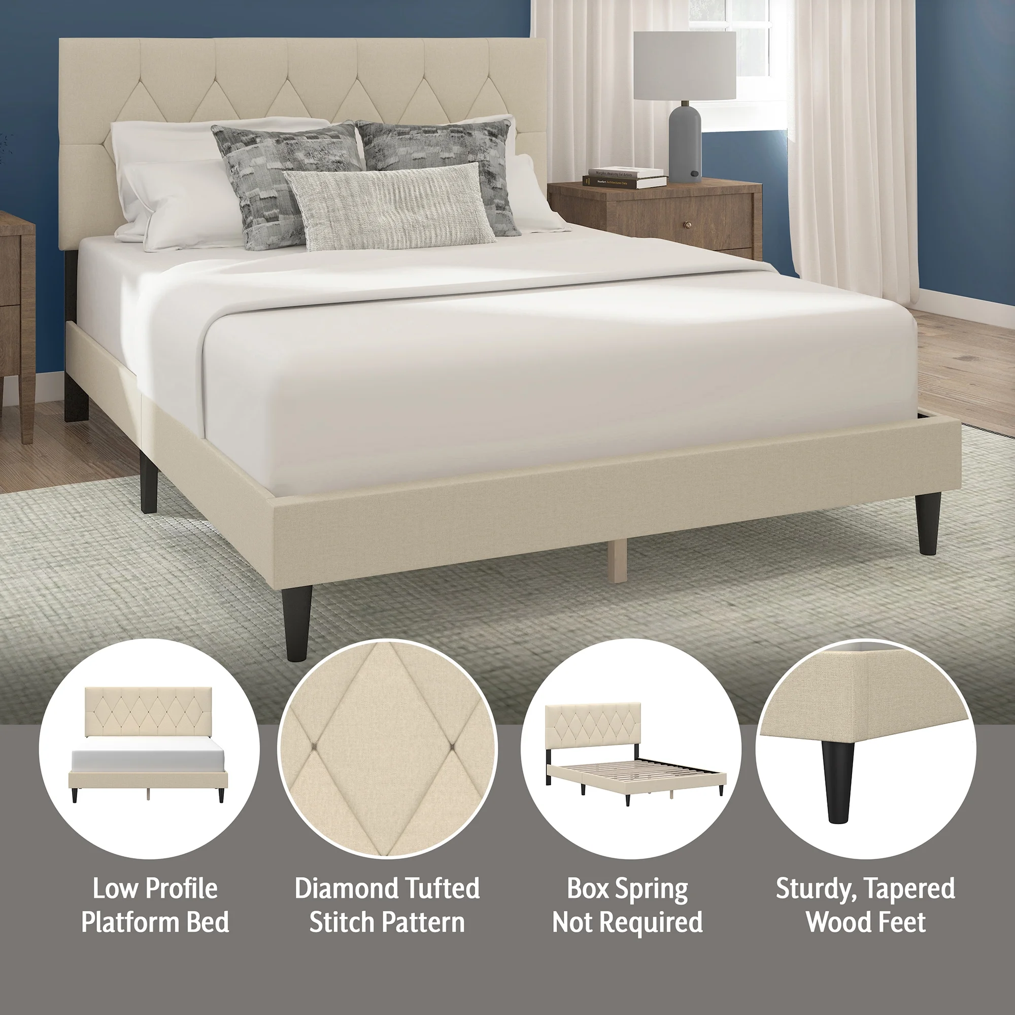 Mainstays Hillside Diamond Tufted Upholstered Queen Platform Bed, Ivory