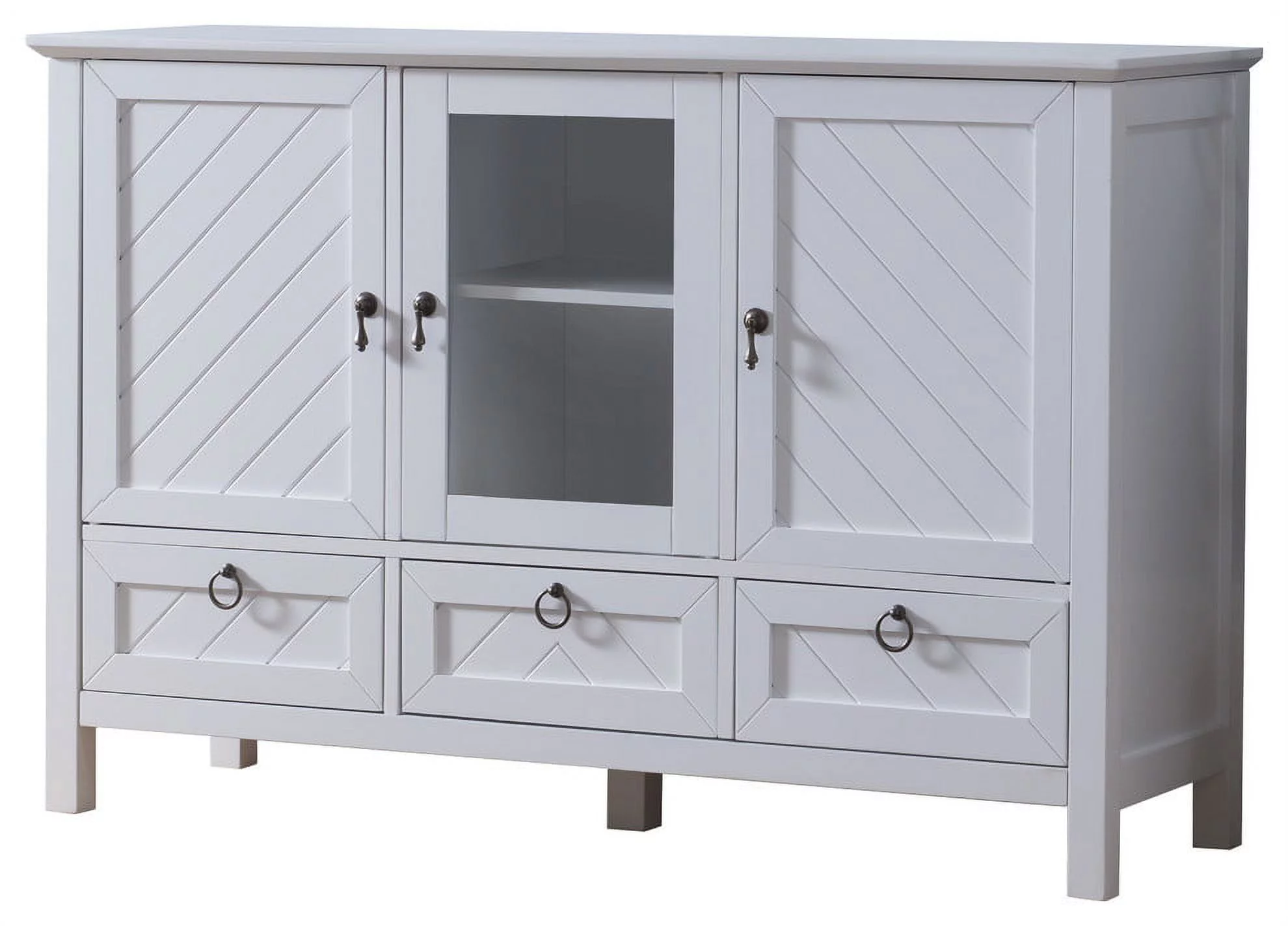 Newport Sideboard Buffet Console Table with Storage Cabinets, Drawers & Adjustable Shelves, White, Wood & Glass, Contemporary