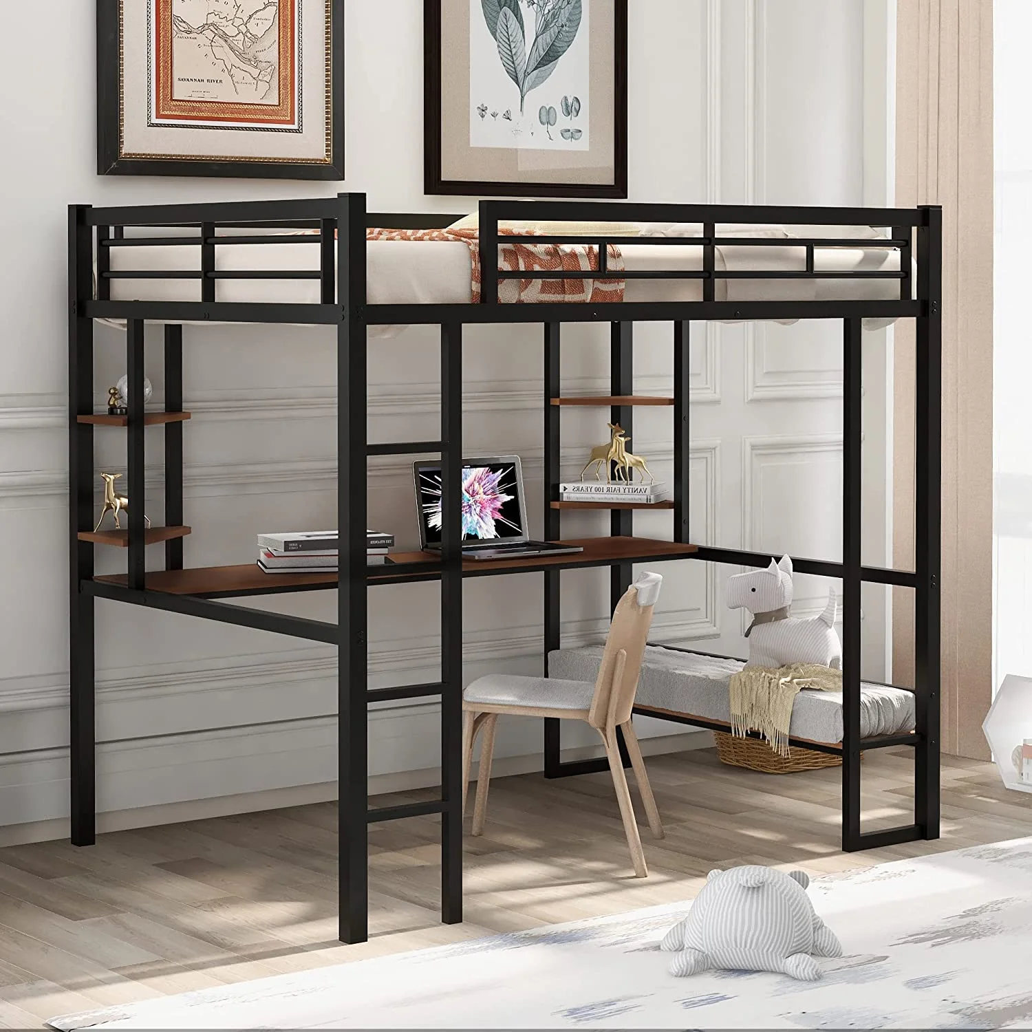 Full Loft Bed With Desk, Metal Loft Bed Frame With Storage Shelves, Loft Bed Full Size With Safety Guardrail, Space-Saving Design, Noise Free, No Box Spring Needed, For Teens Adults Boys Girls
