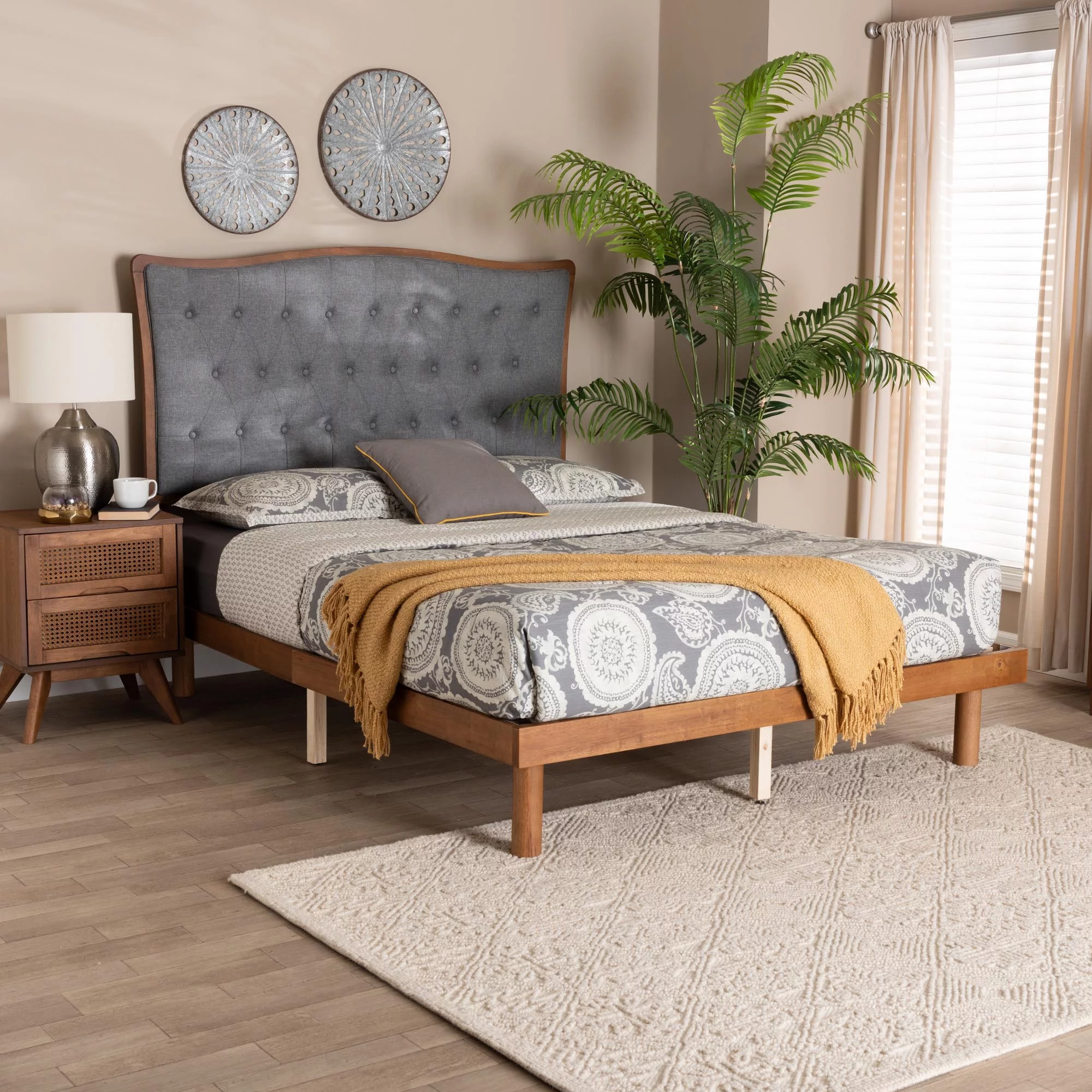 Baxton Studio Valonia Classic and Traditional Grey Fabric and Walnut Brown Finished Wood King Size Platform Bed