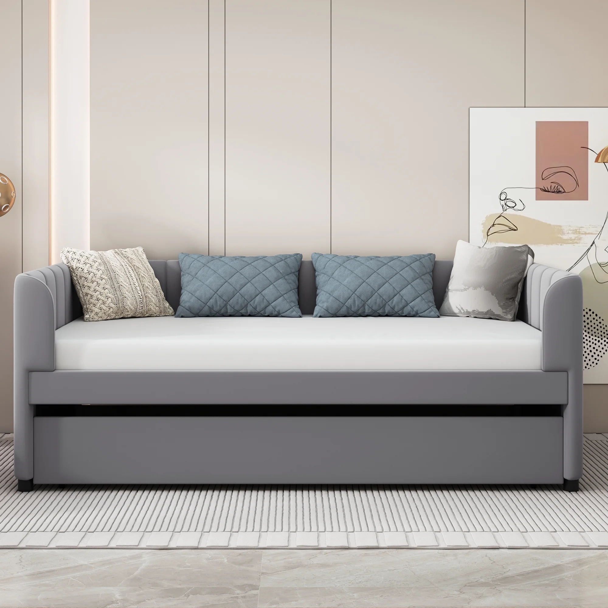 Twin Upholstered Daybed with Trundle & Ergonomic Backrest, Gray - Fits Twin Mattress