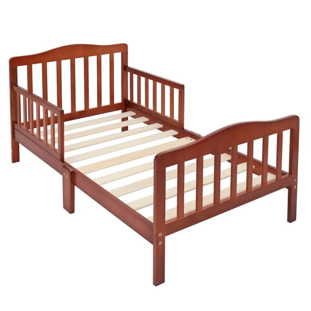 SYTHERS Toddler Bed Frame, Kids Pine Wood Bed Frame with Safety Rail Fence and Headboard, for Children Classic Sleeping Bedroom, Red-brown
