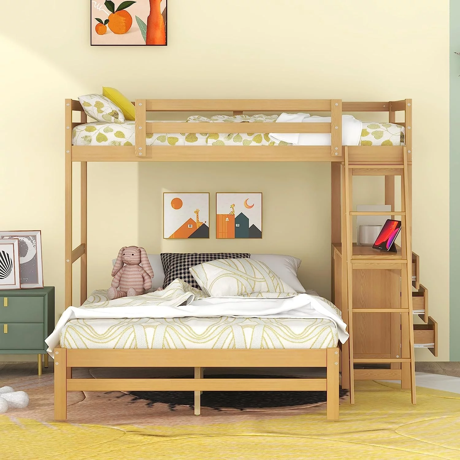 Momspeace Bunk Beds Twin Over Full Size with Built-in Desk and Three Drawers, Wooden Storage Bunk Beds with Removable Bottom Bed - Natural