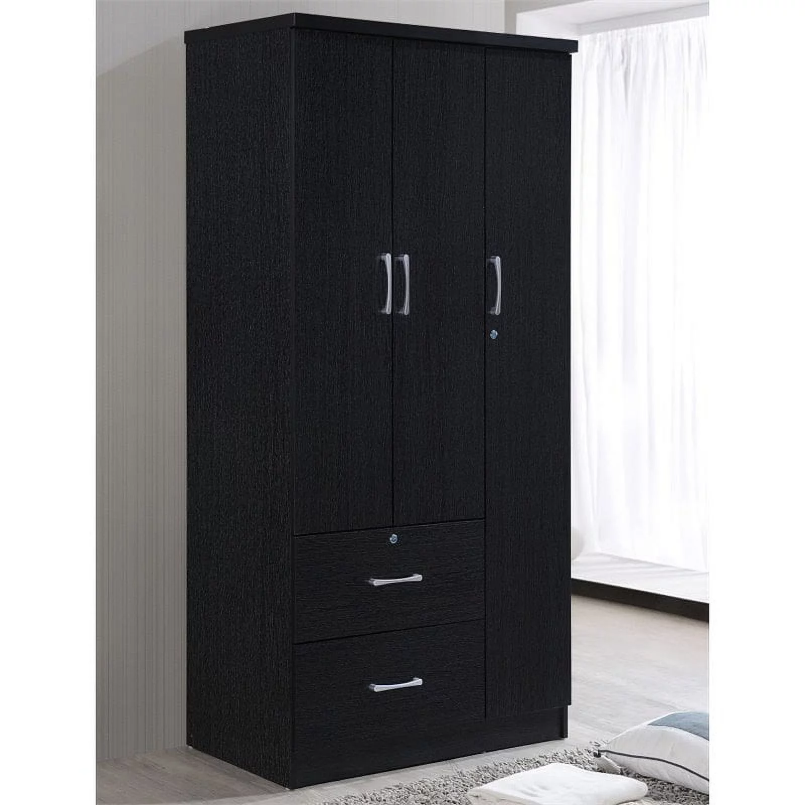 Hodedah 3-Door 36 in. Wide Armoire with 2-Drawers, Clothing Rod and 3-Shelves, Black