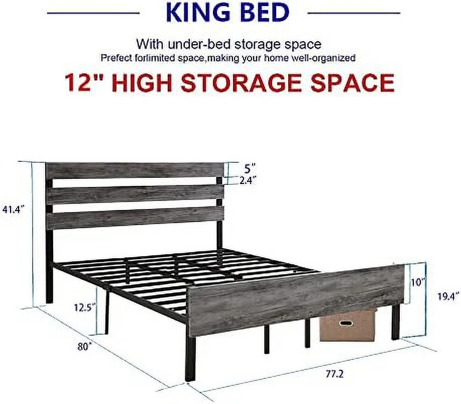 xrboomlife King Metal Platform Bed Frame with Wood Headboard and Footboard  No Box Spring Needed Easy Assembly Gray