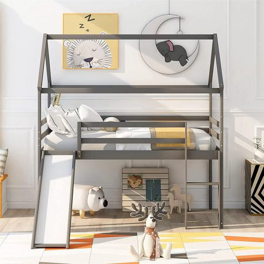 CHURANTY Twin Size Loft Bed with Slide, Wood House Loft Bed Frame , Twin Size Playhouse Loft Bed for Kids Boys Girls, Gray