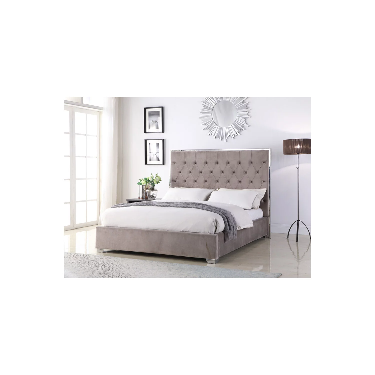 Best Master Natasha Furniture Eastern King Velvet Platform Bed, Light Grey
