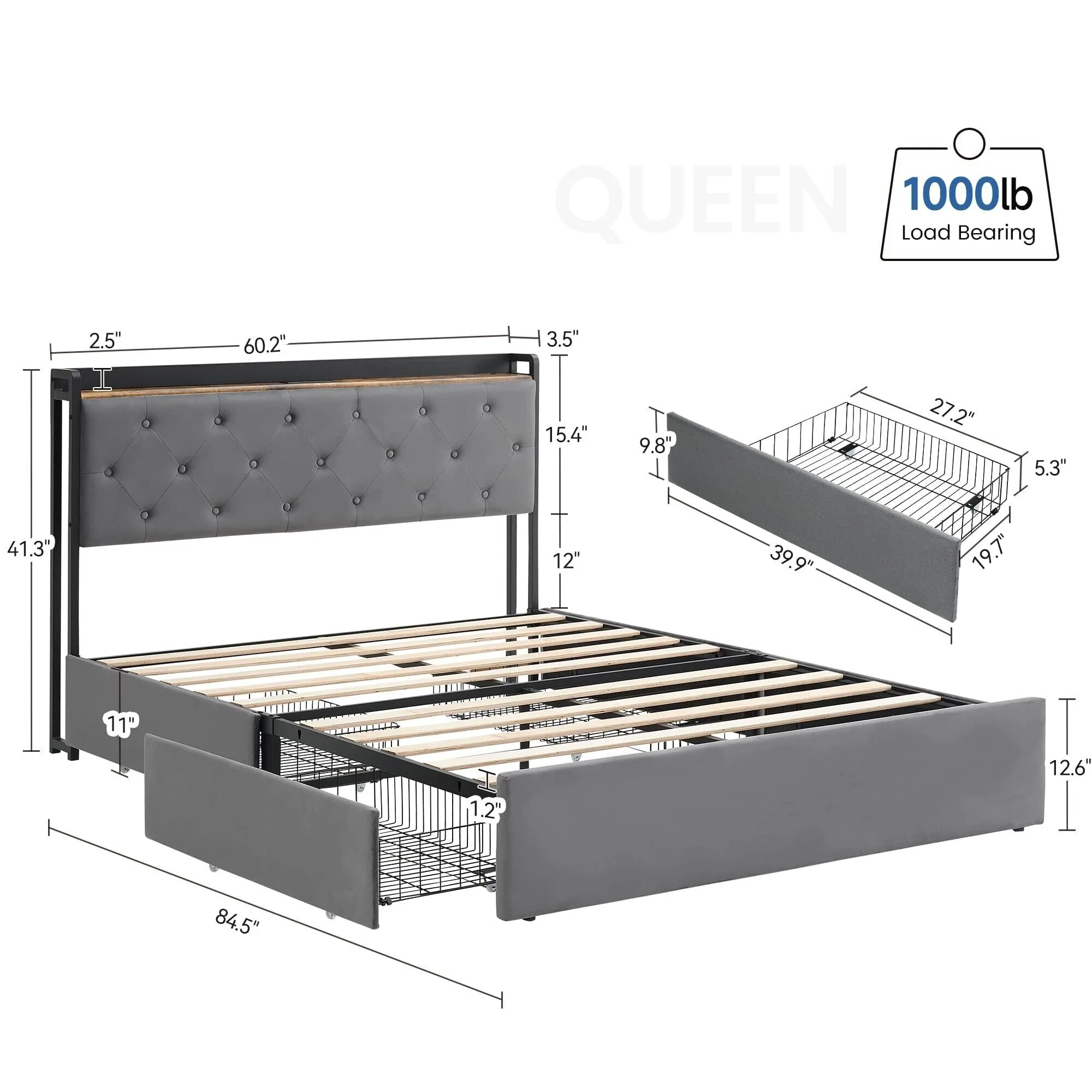 Bed Frame with 4 Storage Drawers and Charging Station Queen