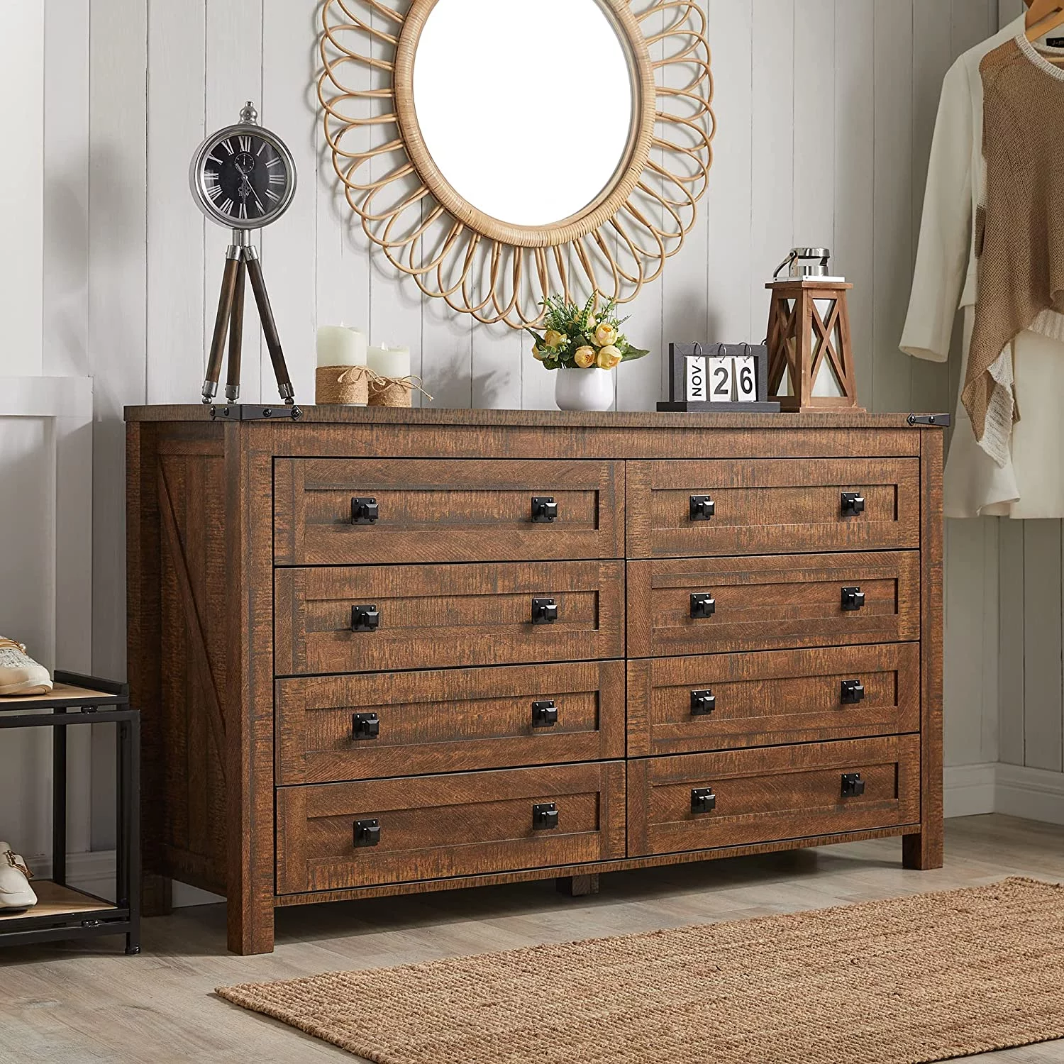 Farmhouse 5 Drawers Dresser Chests for Bedroom Wood Rustic Tall Chset of Drawers Dressers Organizer for Bedroom Living Room Hallway Dark Rustic Oak